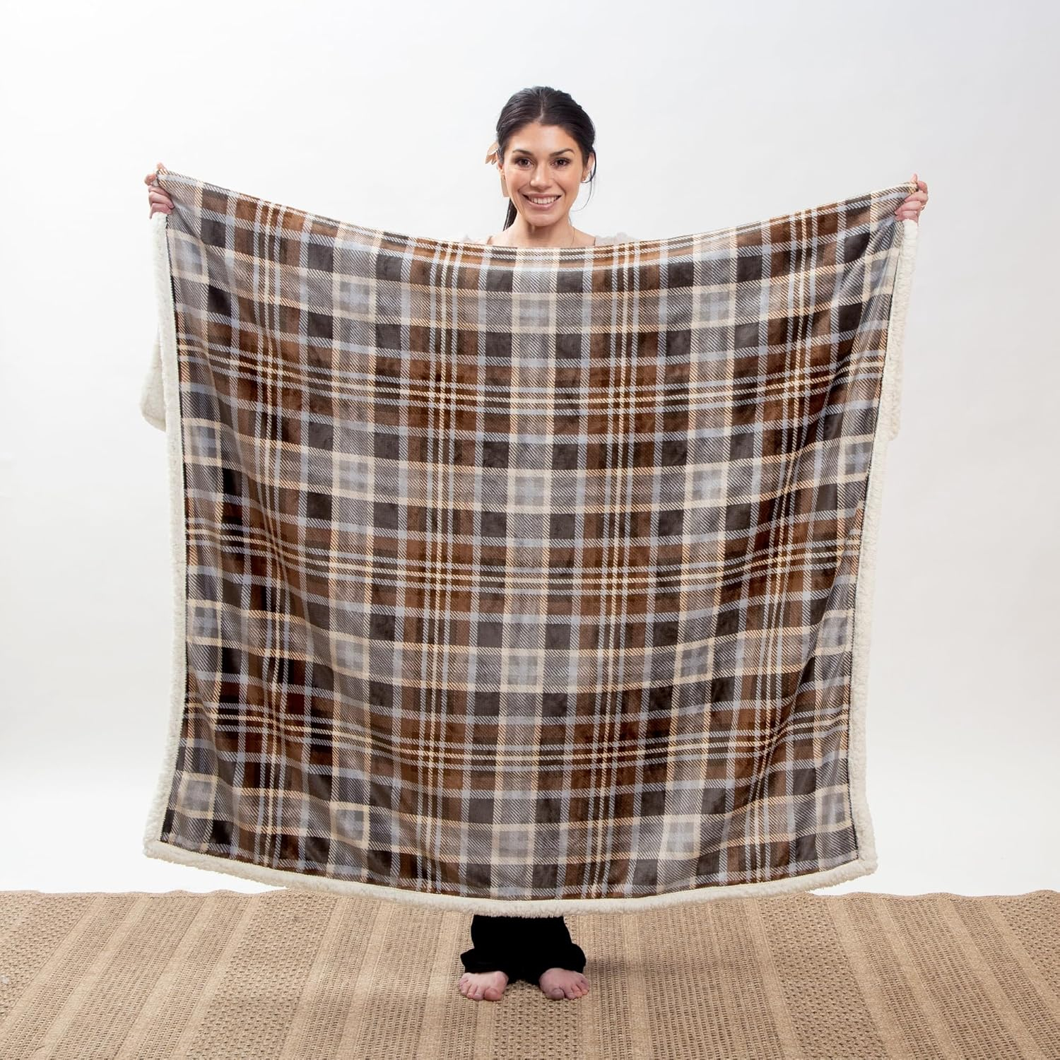 Grey Plaid Extra Plush Sherpa Throw Blanket, Large 54" x 68"