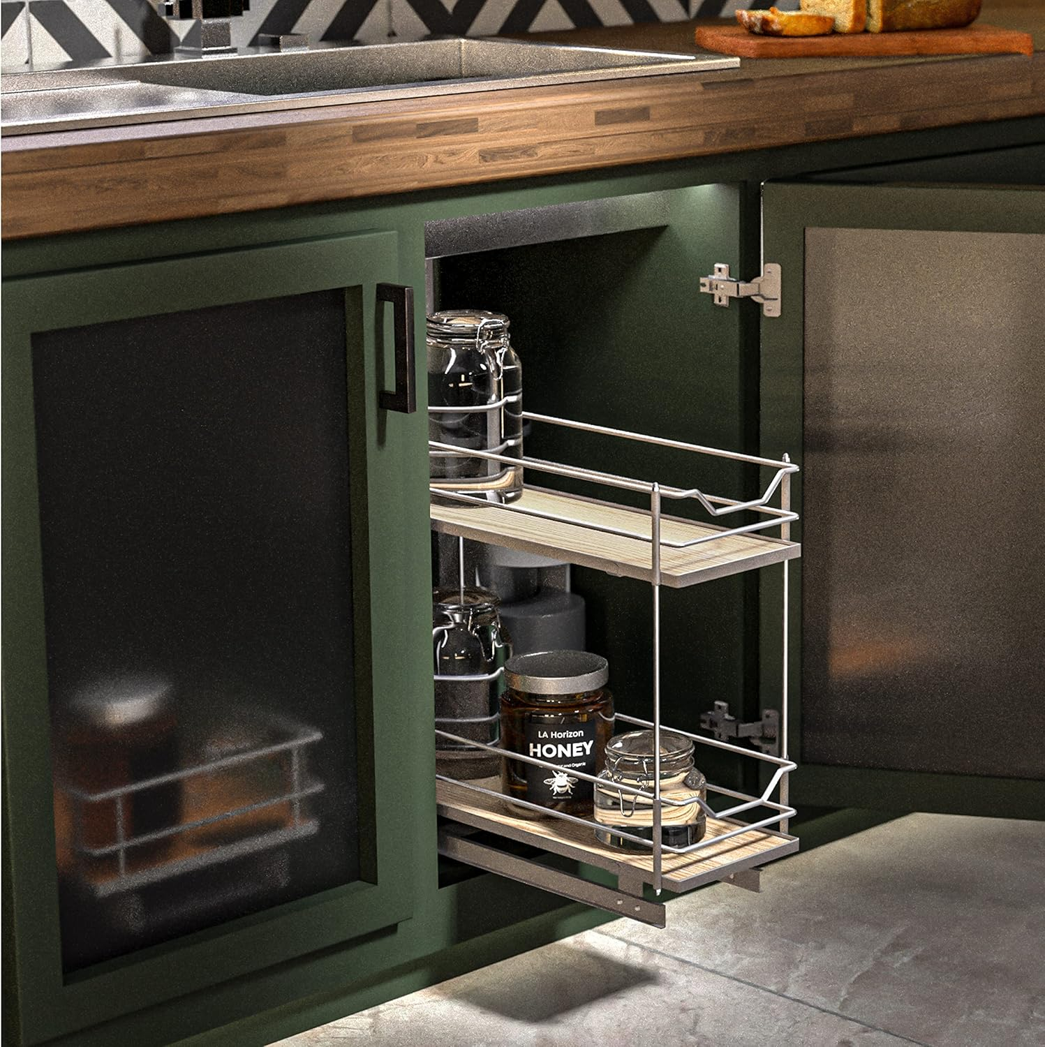 Home Zone Living 7.5” Width x 21” Depth 2 Shelf Pull Out Cabinet Organizer, Silver