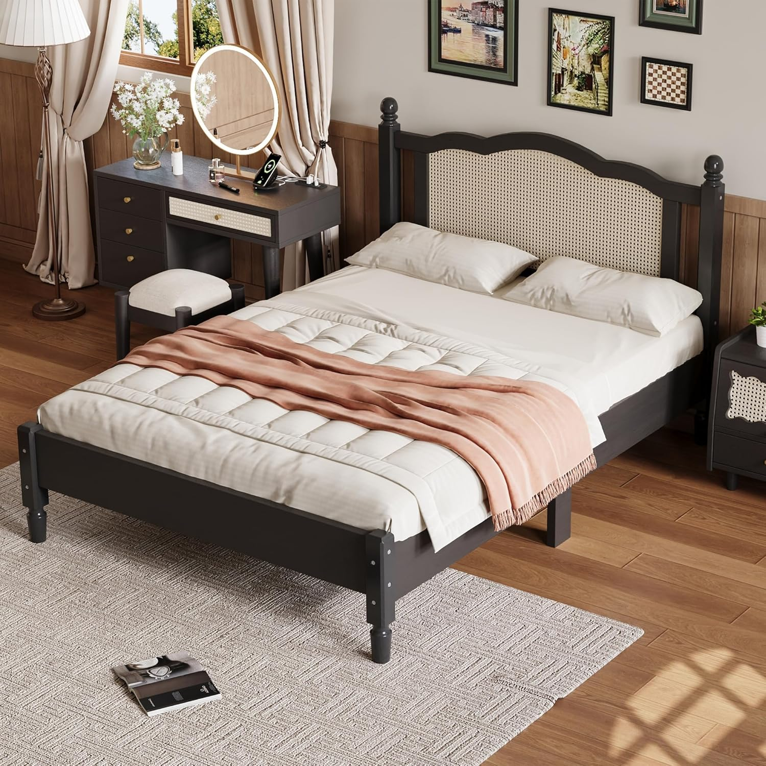 Wooden Platform Bed with Natural Rattan Headboard, Full Size Platform Bed with Wooden Slat Support, Vintage Rattan Bed Frame, No Box Spring Needed (Black,Full,233)