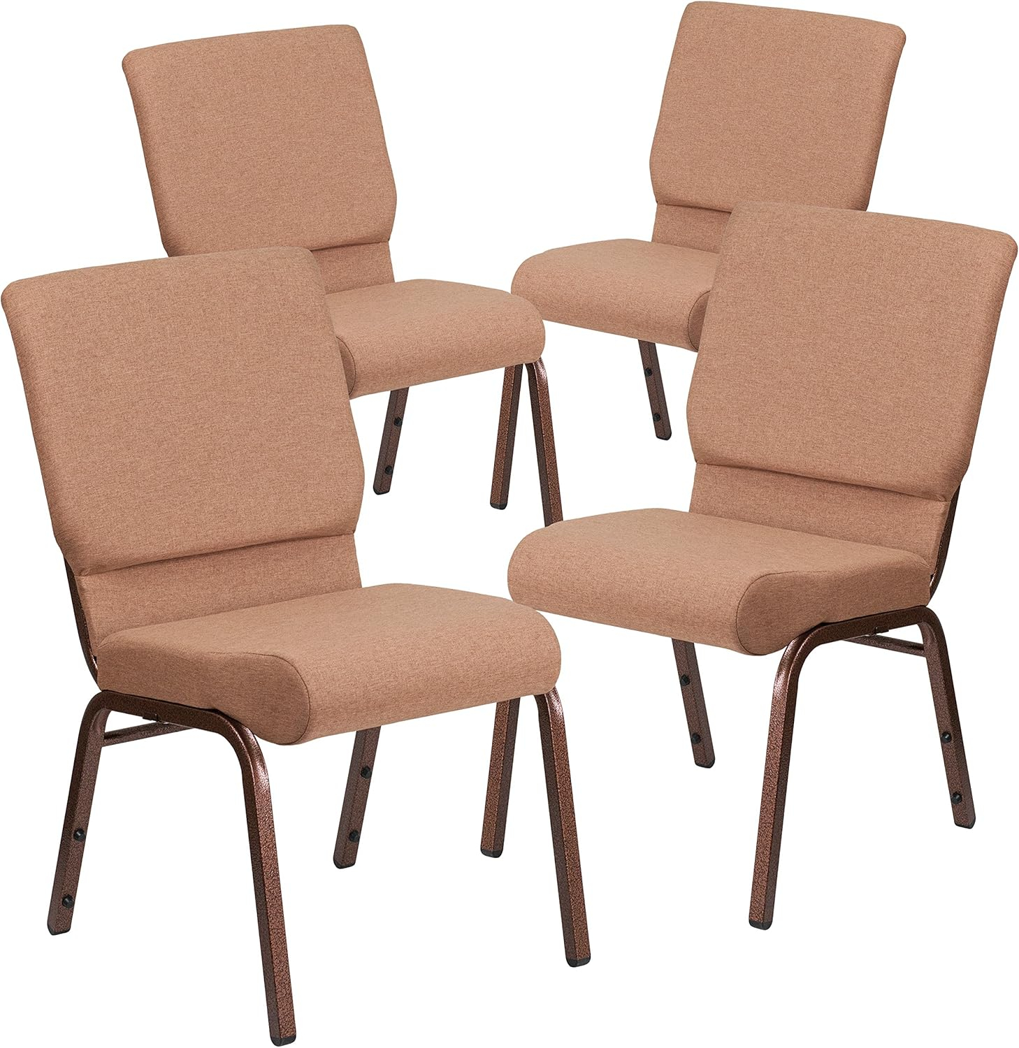 Caramel Fabric and Copper Metal Stacking Church Chairs, Set of 4