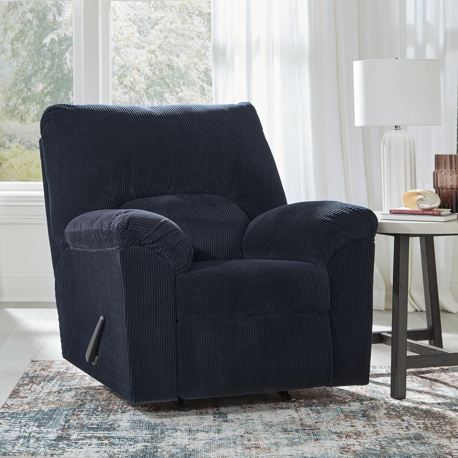 Navy Blue Corduroy Contemporary Recliner with Pillow-Top Arms
