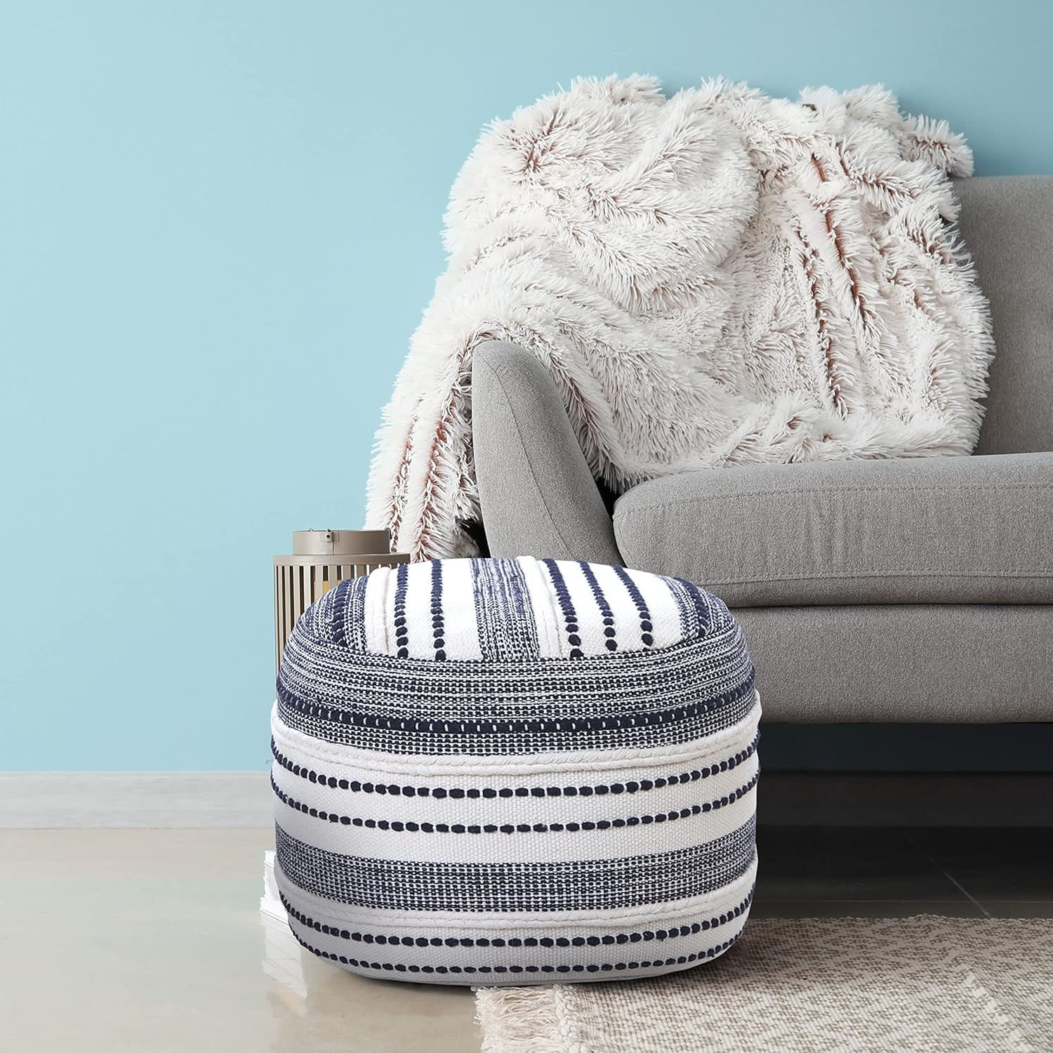 LR Home Fred Round Navy/White Striped Indoor Pouf Ottoman, 14"H x 18"W