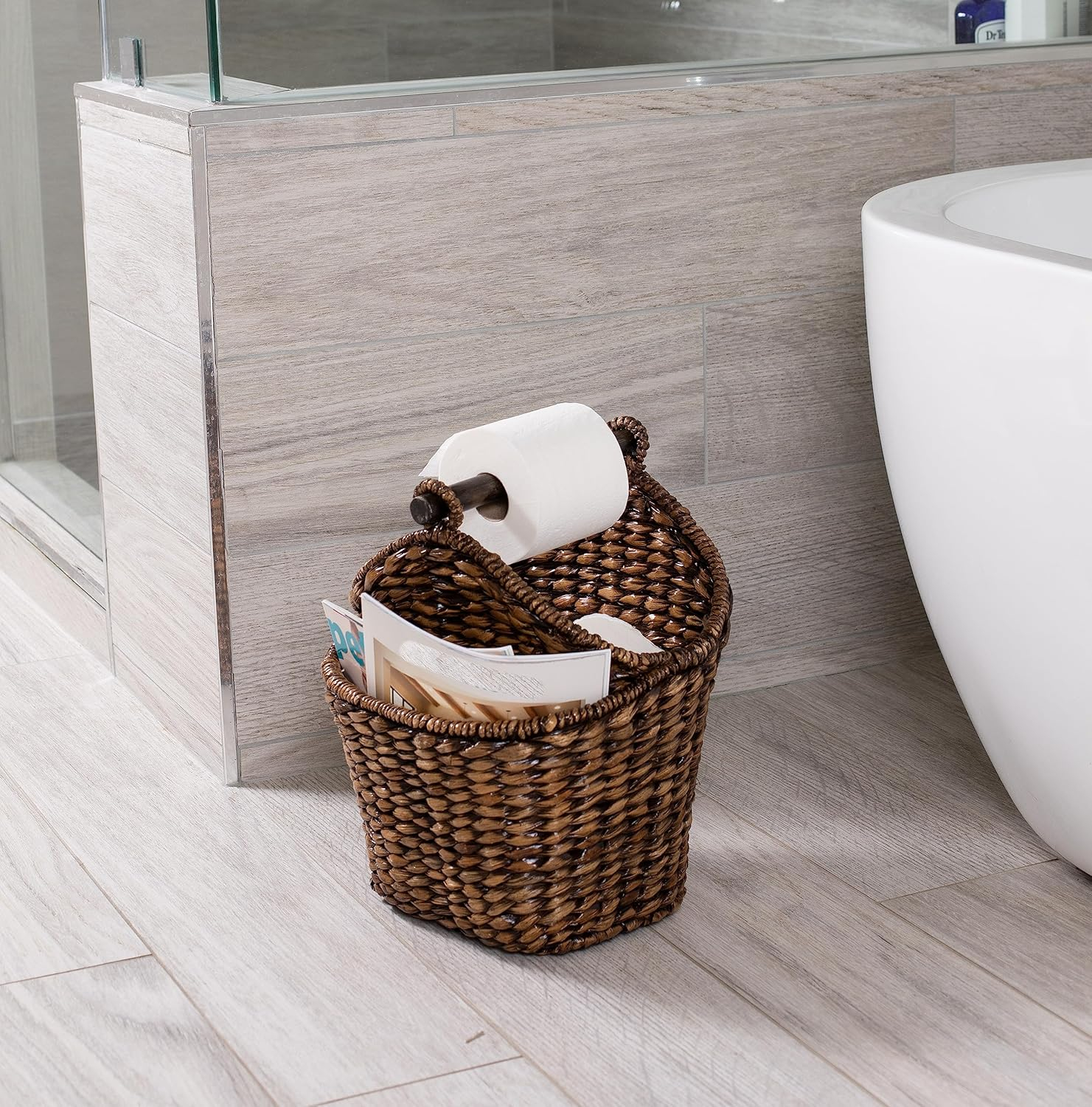 Hand-Woven Brown Seagrass Rectangular Basket with Wooden Handle