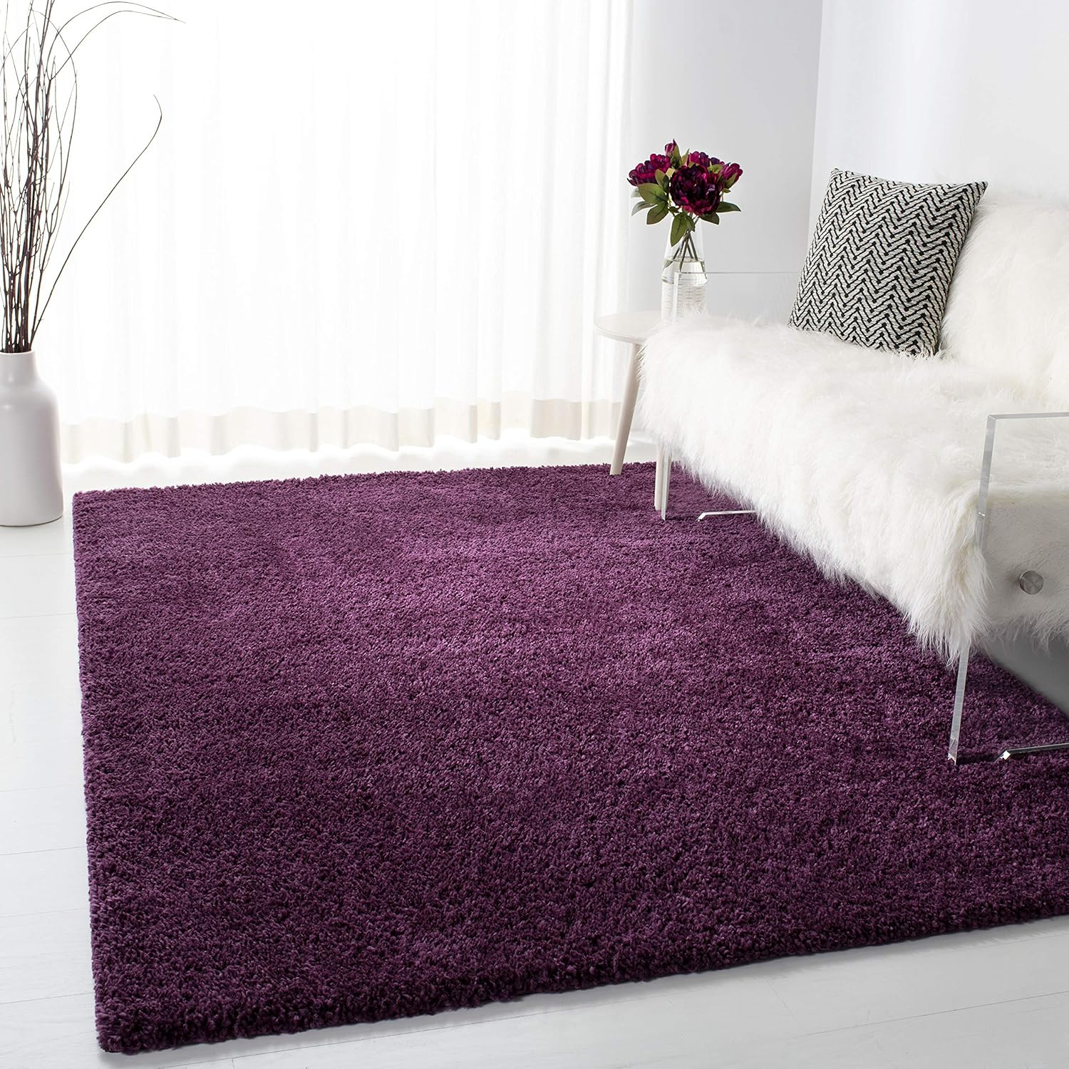 SAFAVIEH August Carlene Solid Plush Shag Area Rug, Purple, 5'3" x 5'3" Square