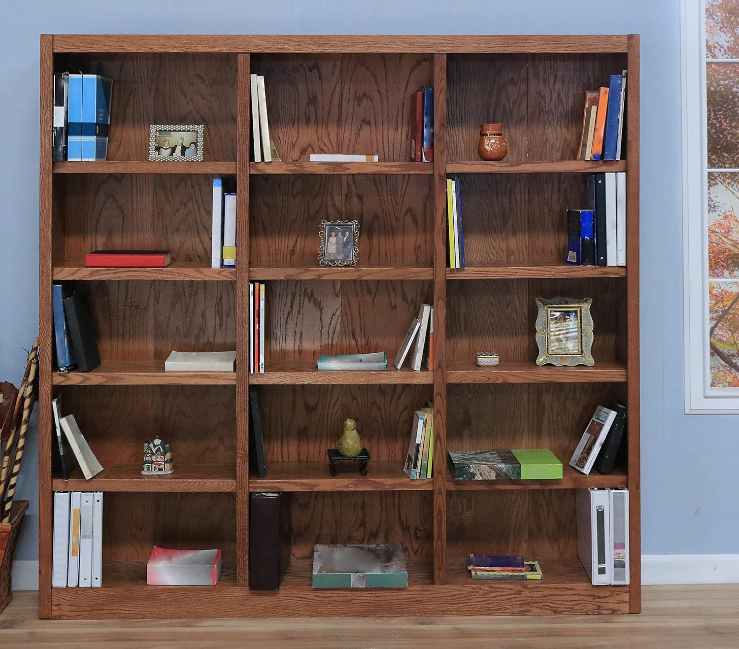 Concepts in Wood Traditional 72" Tall 15-Shelf Triple Wide Wood Bookcase in Oak