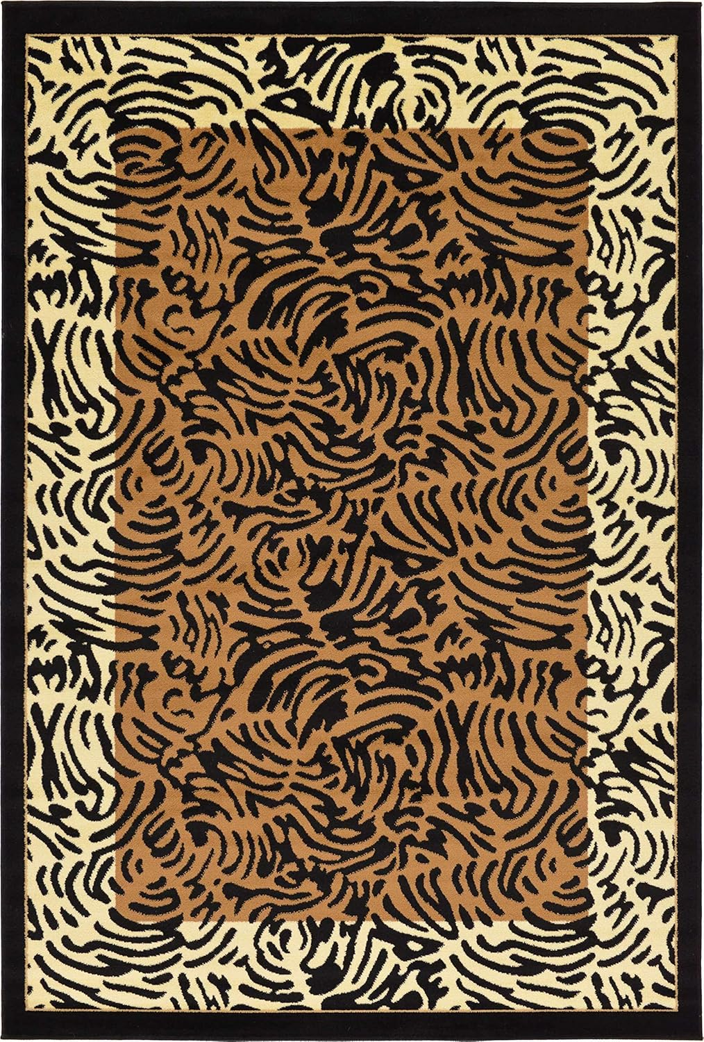 Unique Loom Wildlife Collection Animal Inspired with Tiger Bordered Design Area Rug, 6' 0" x 9' 0", Light Brown/Black