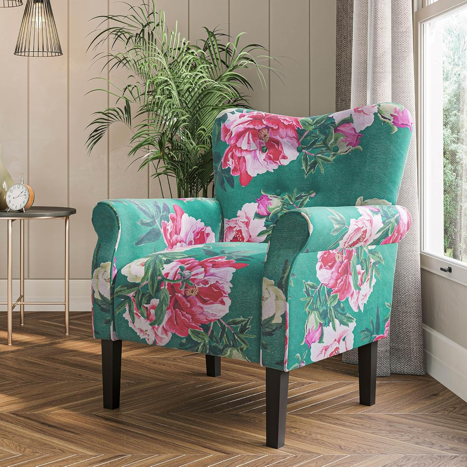 BELLEZE Modern Accent Chair for Living Room, High Back Linen Armchair with Wooden Legs, Upholstered Wingback Side Chair Padded Armrest Single Sofa for Living Room, Bedroom - Allston (Green & Flower)