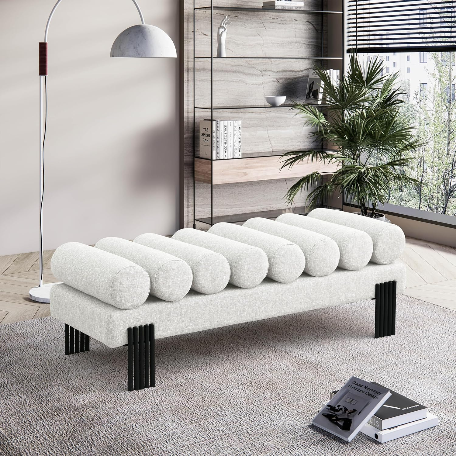 Meridian Furniture Akeela Cream Linen Textured Fabric Bench