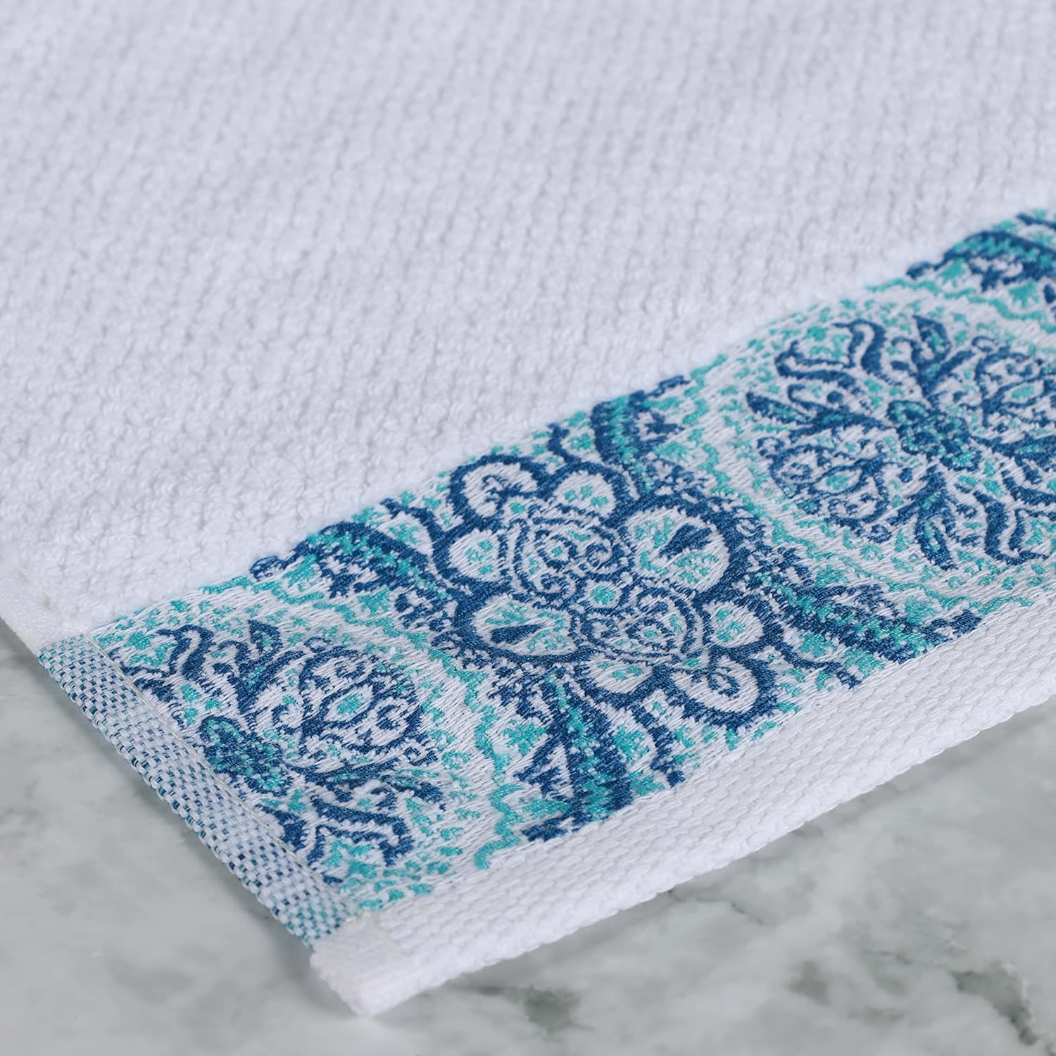 Superior Medallion Cotton Face Towels/ Washcloths, Set of 12, White/ Aqua