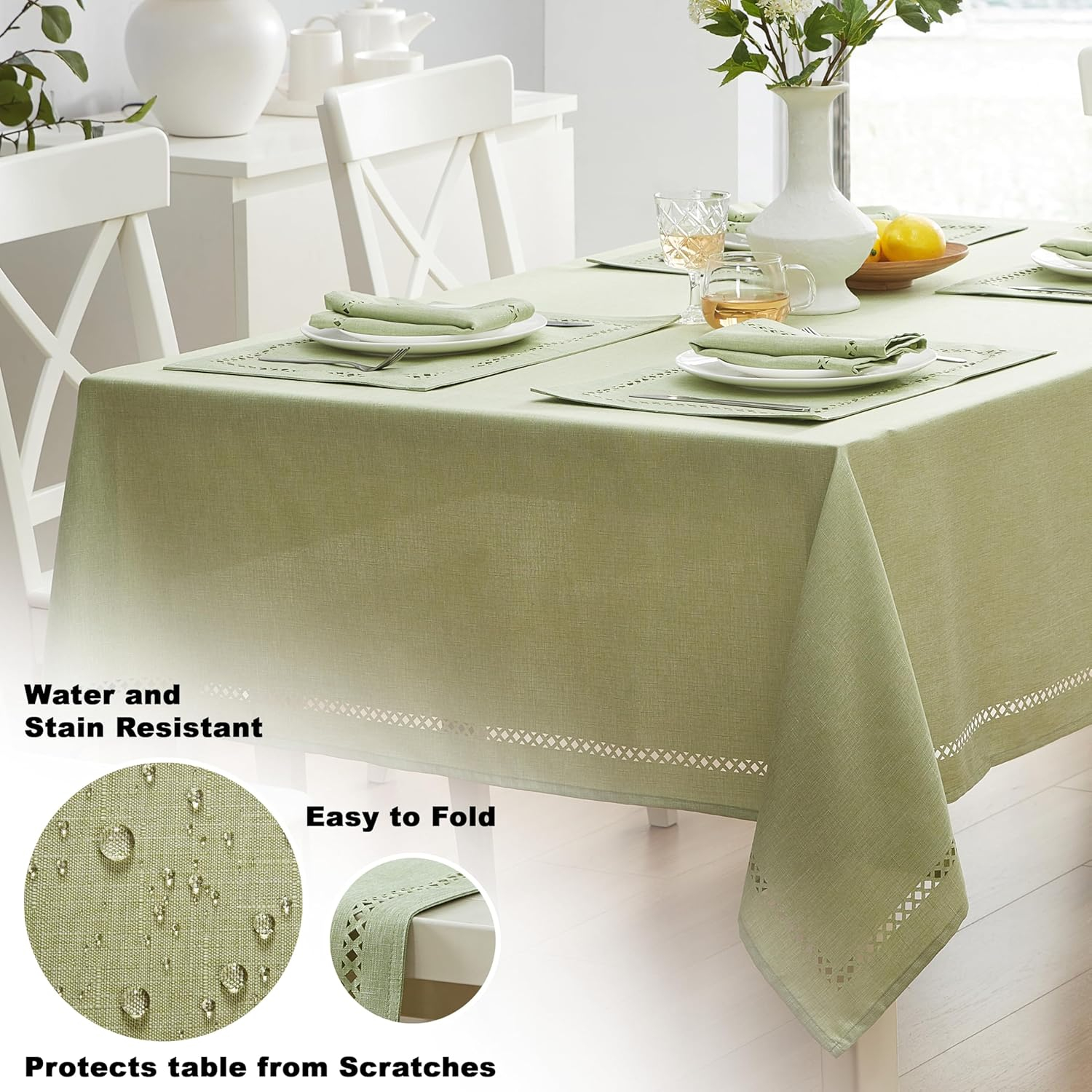 Newbridge Fabric Rectangle Tablecloth, 60 x 144 Inch, Provence Lattice Cutwork Solid Color Textured, Water and Stain Resistant Easy Care Fabric Table Cloth for Spring Parties, Sage Green