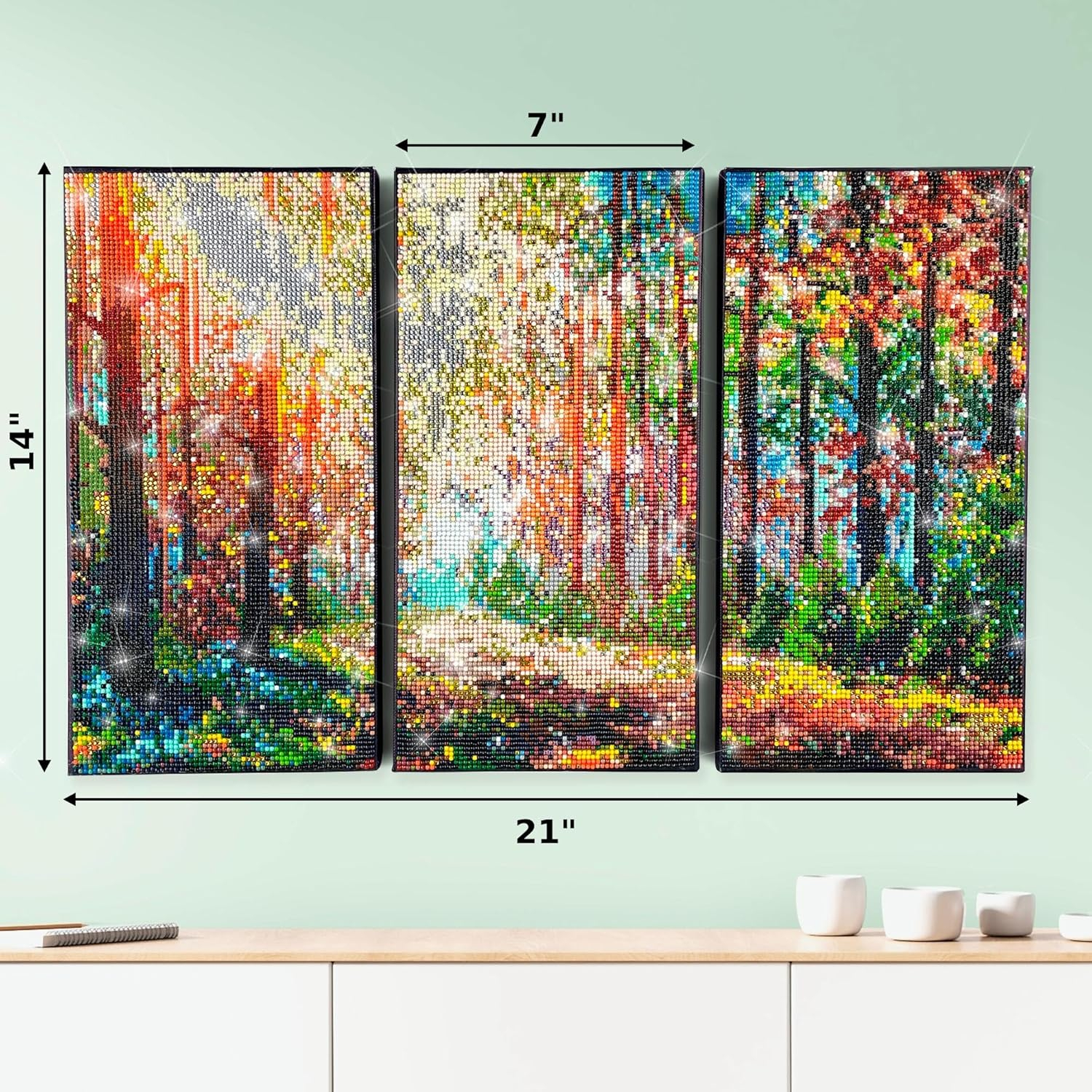 ArtSkills Diamond Painting Kit, Diamond Art Ready to Hang Framed Canvas with Storage and Accessory Kit, Forest, 3 Stretched Canvas Panels, 14” x 7” Each