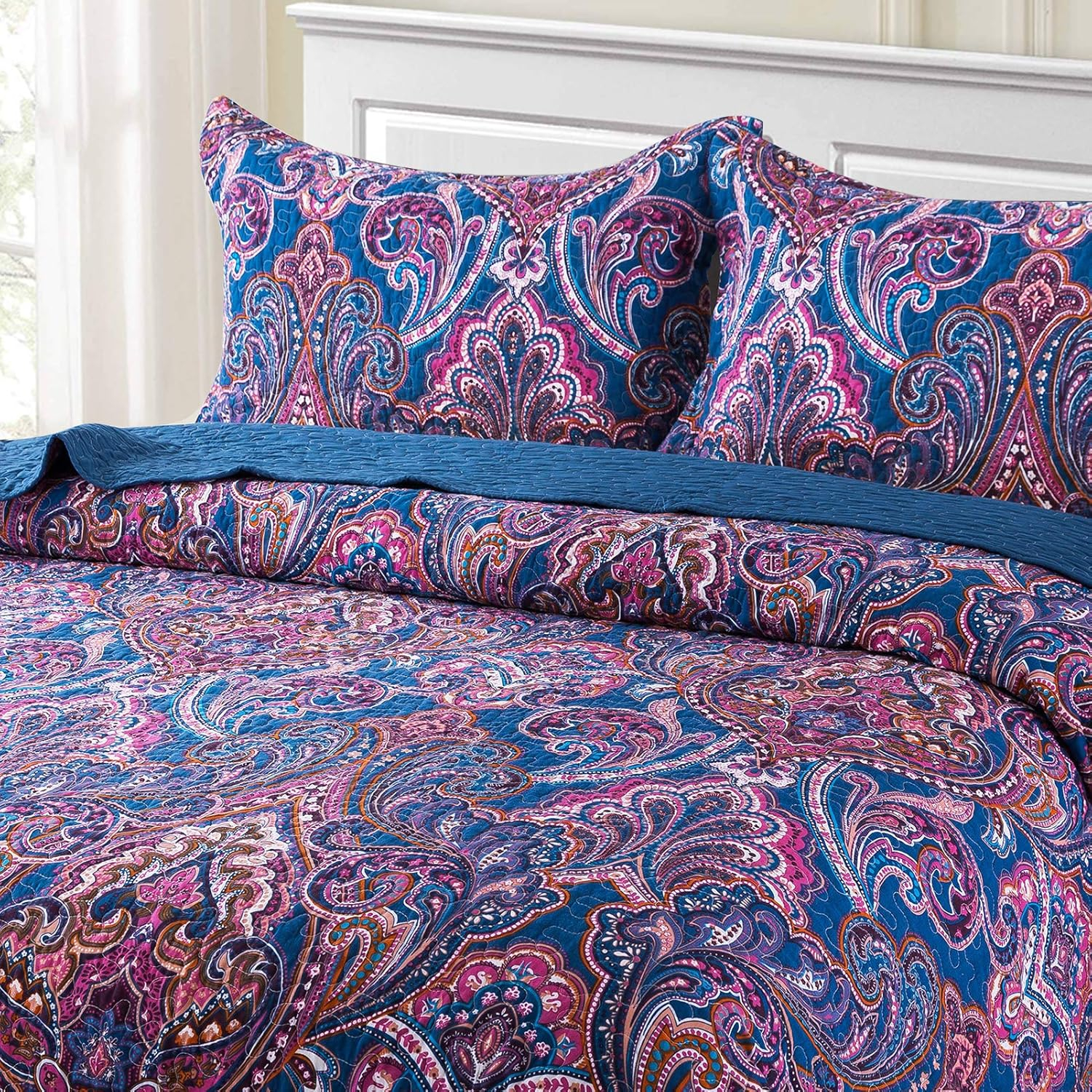 NEWLAKE Cotton Bedspread King Quilt Sets, Purple Classic Floral Pattern