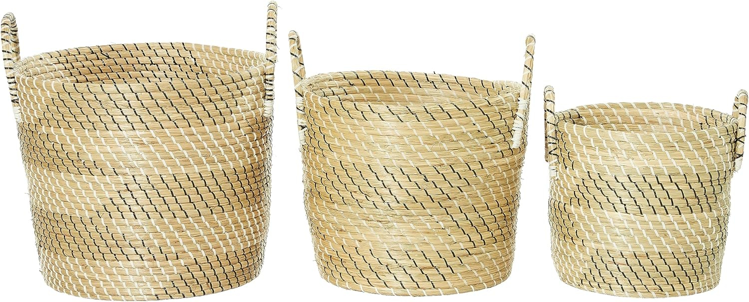 CosmoLiving by Cosmopolitan 13", 16", 18"W Brown Seagrass Handmade Two Toned Storage Basket with Handles, 3-Pieces
