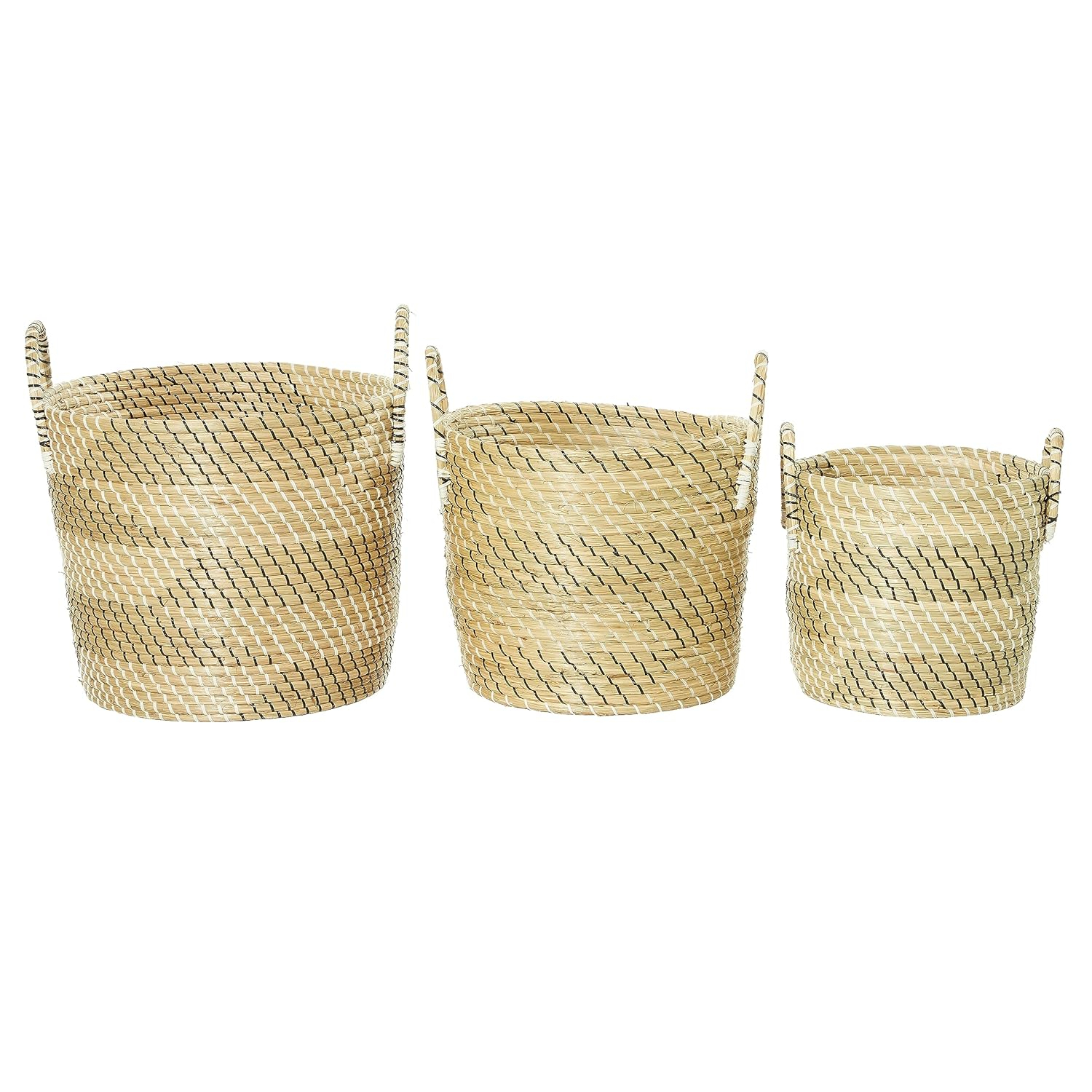 CosmoLiving by Cosmopolitan 13", 16", 18"W Brown Seagrass Handmade Two Toned Storage Basket with Handles, 3-Pieces