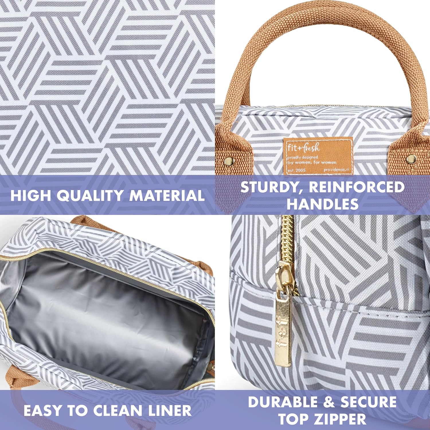 Fit + Fresh Bloomington Womens Lunch Bag, Insulated Lunch Box With Containers, Grey Seaport