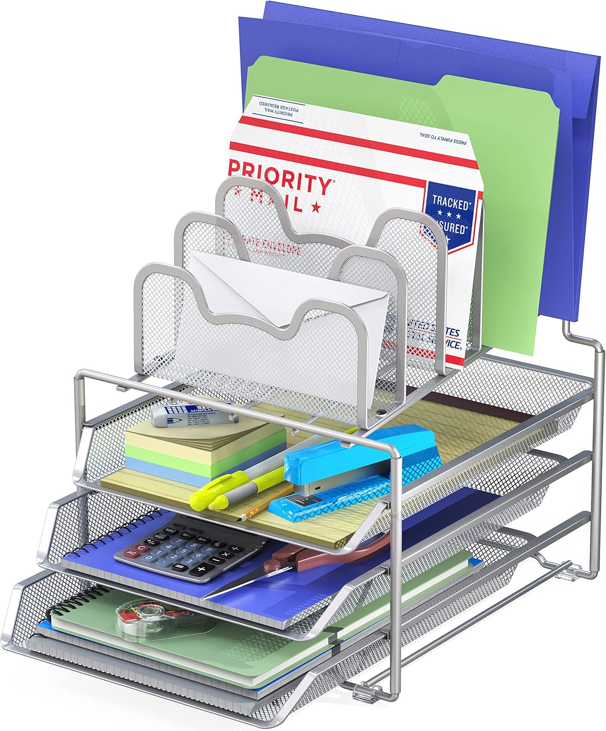 Simple Houseware Desk 3 Sliding Tray and 5 Stacking Section Organizers, Silver
