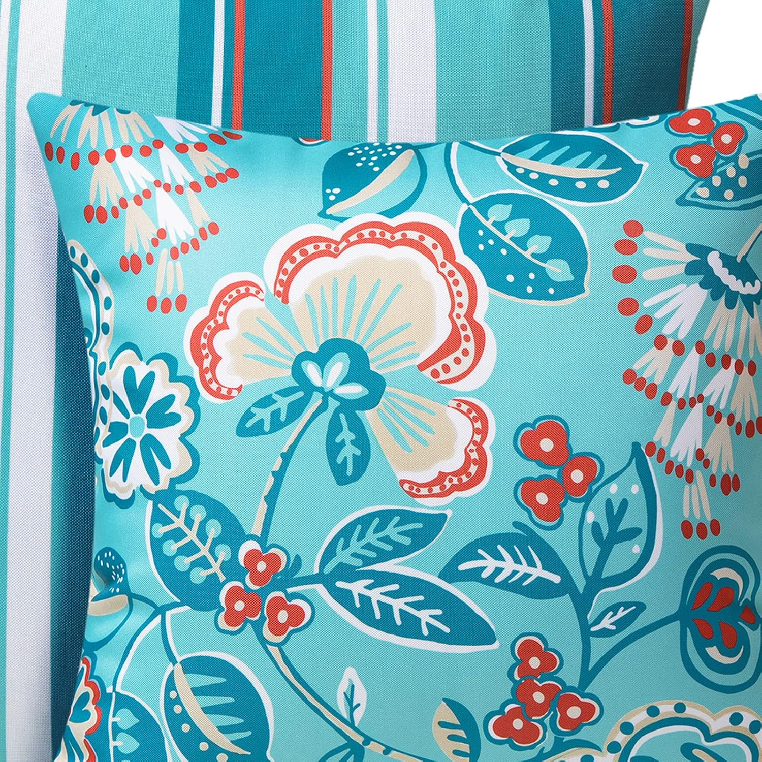 Turquoise Floral and Striped Waterproof Polyester Pillow Covers Set