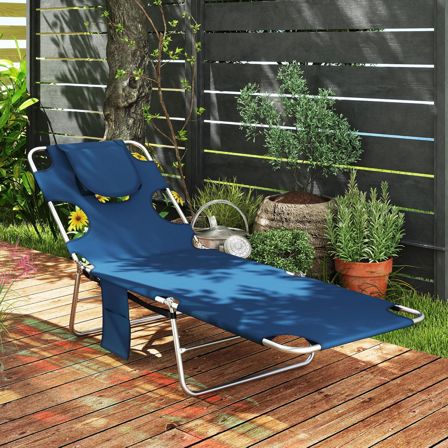 Outsunny Folding Beach Lounge Chair with Face Hole and Arm Slots, 5-Level Adjustable Sun Lounger Tanning Chair with Pillow for Patio, Garden, Beach, Pool, Dark Blue