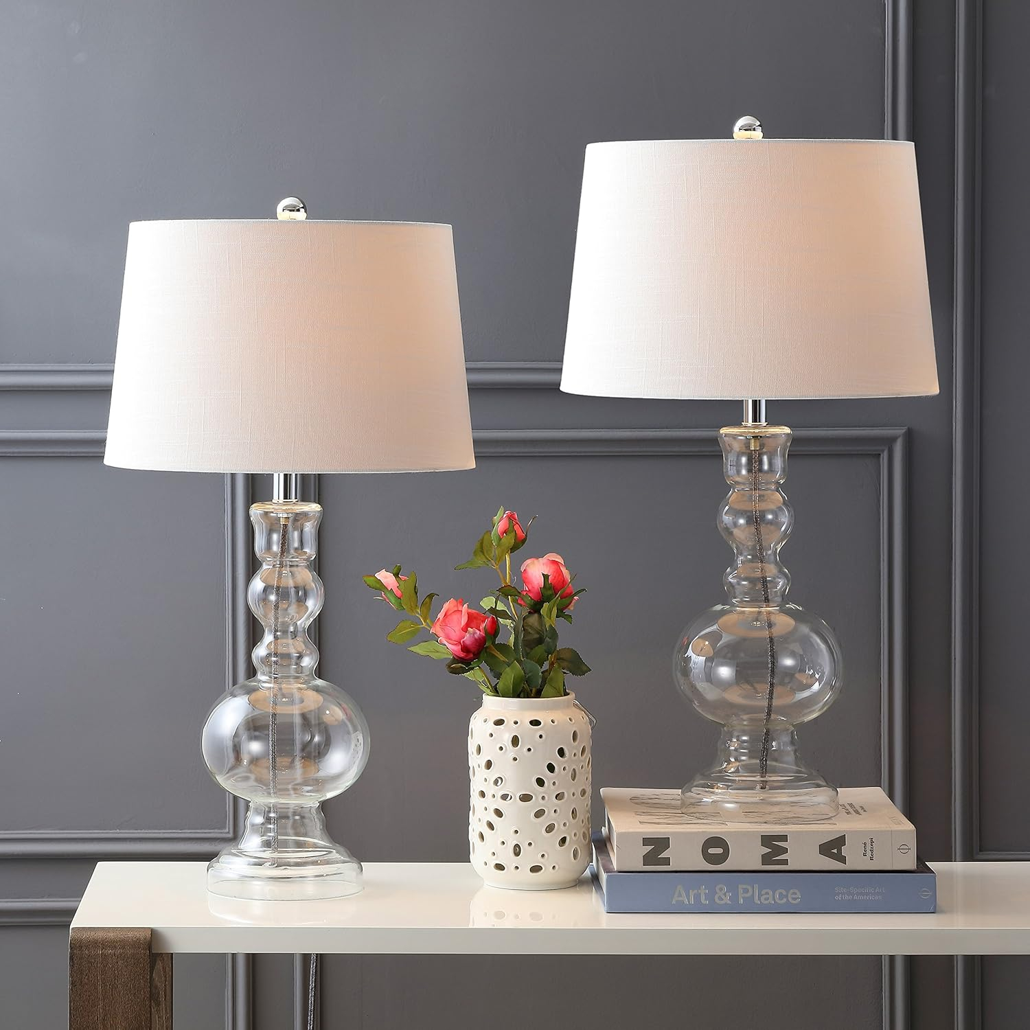 JONATHAN Y JYL1061B-SET2 Set of 2 Table Lamps Genie 28.5" Glass LED Table Lamp Contemporary Transitional Bedside Desk Nightstand Lamp for Bedroom Living Room Office College Bookcase, Clear