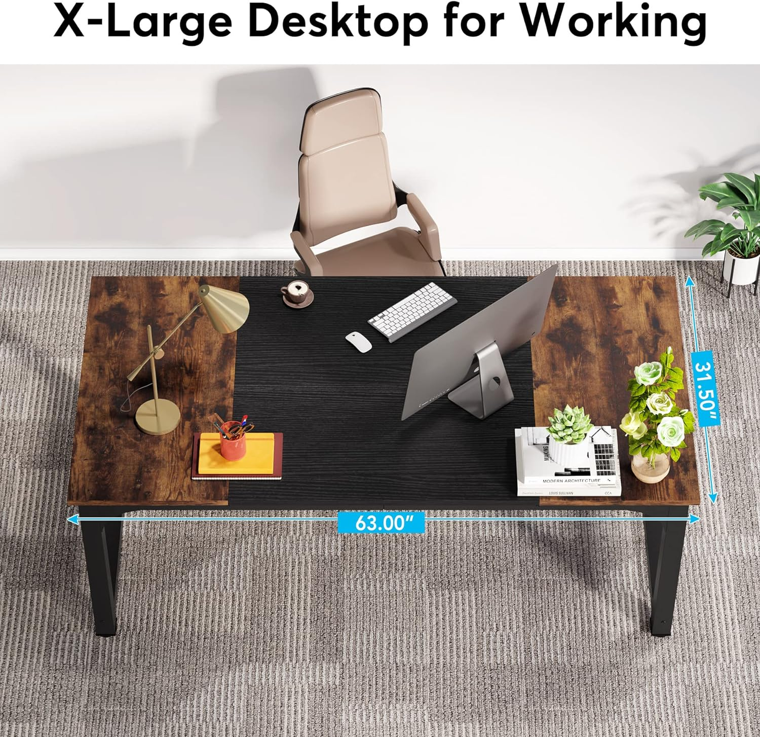 LITTLE TREE 63 Inch Large Executive Computer Office Desk, Brown+Black