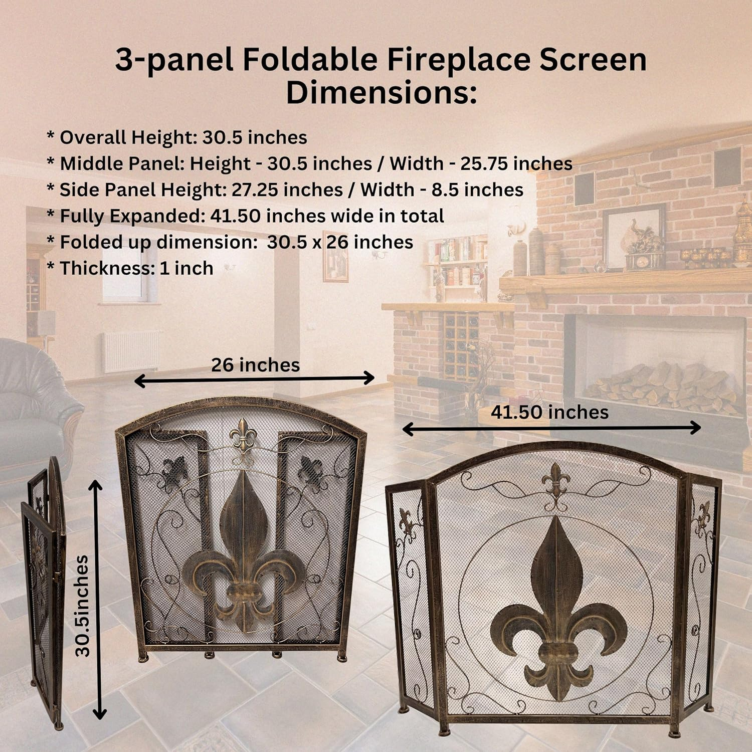 BestGiftEver 3-Panel Fireplace Screen Decorative with Fleur De Lis Design Vintage Golden Bronze Tone - Stand Alone Decorative Wrought Iron Mesh French Royal Style Fireplace Cover, Classic Home Decor