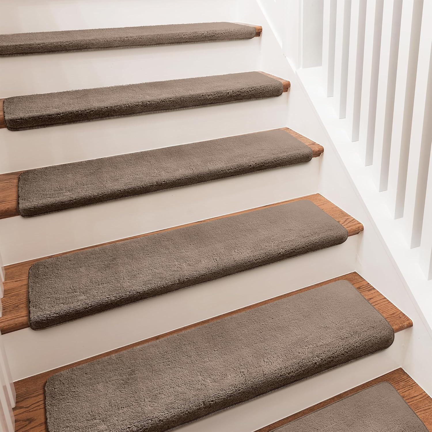 Soft Plush Brown 9.5 in. x 30 in. x 1.2 in. Bullnose Indoor Stair Tread Cover Tape Free Non-slip Carpet Set of 14