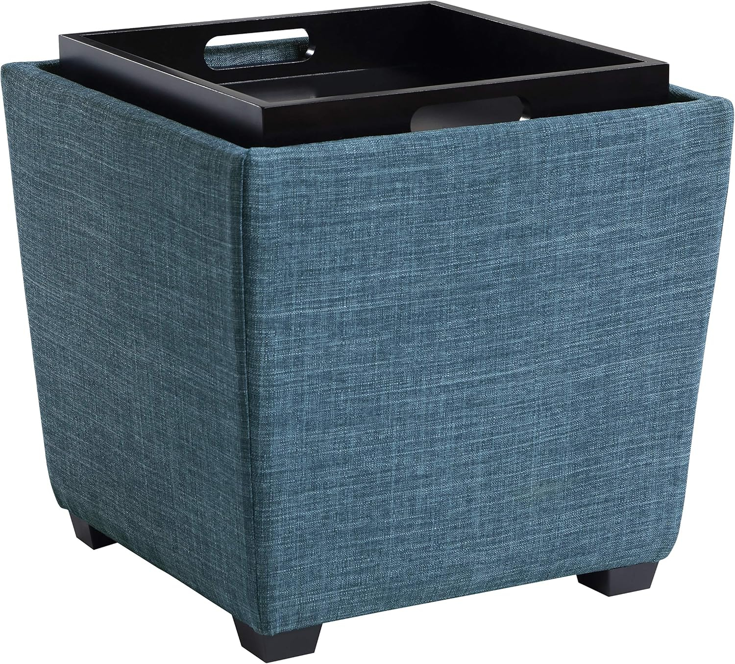 OSP Home Furnishings Ave Six Rockford Square Storage Ottoman with Padded Upholstery and Hidden Serving Tray, Blue Fabric
