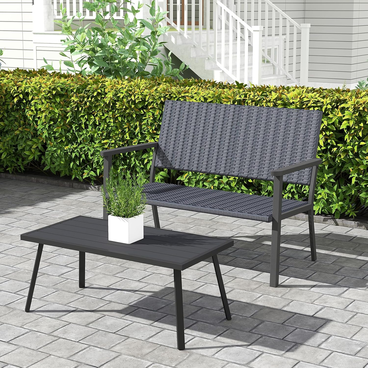 C-Hopetree Outdoor Loveseat Bench Chair for Outside Patio Porch, Metal Frame, Black All Weather Wicker