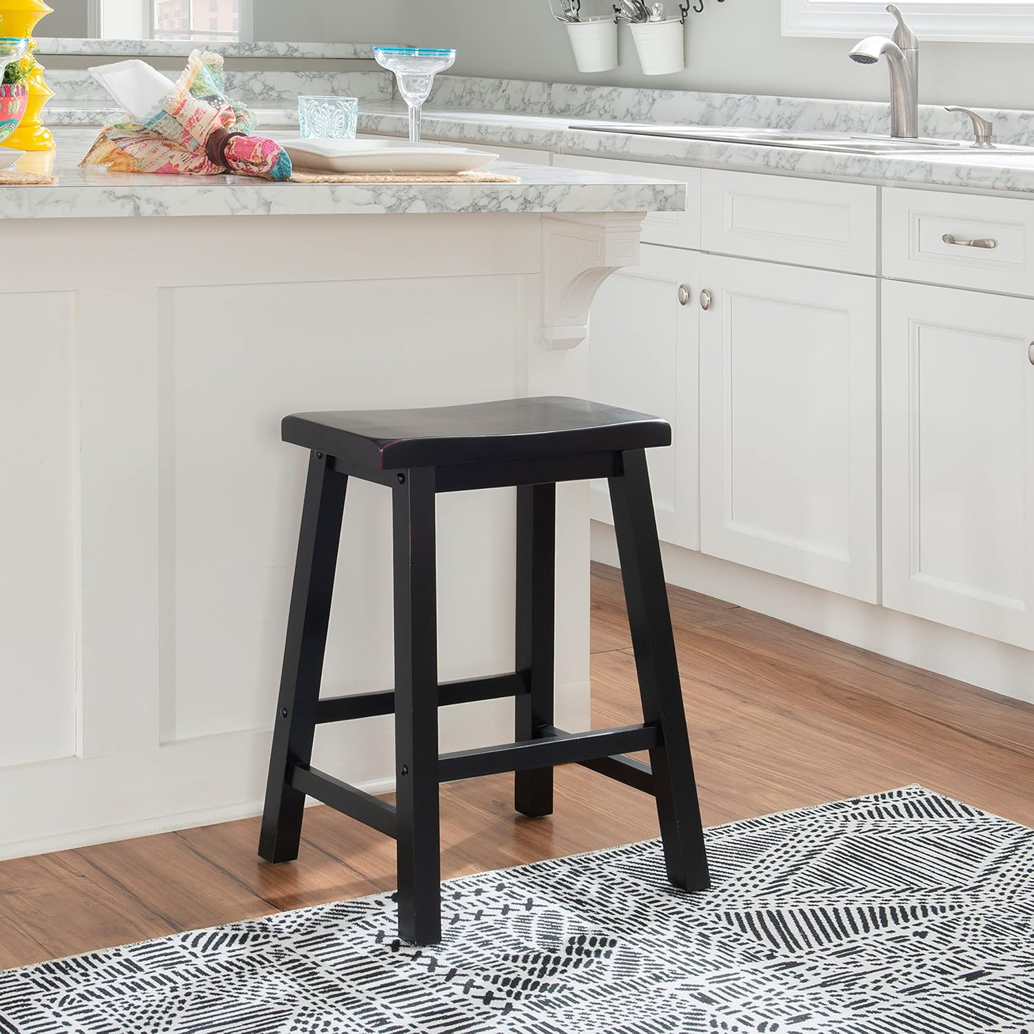Linon Beamon 24" Sturdy Wood Backless Saddle Seat Counter Stool in Antique Black