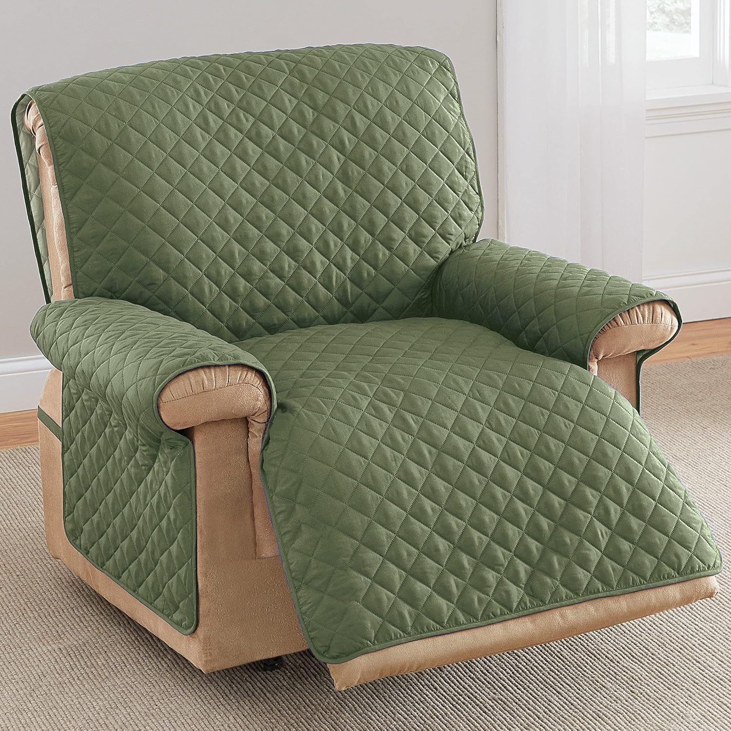 Collections Etc Reversible Quilted Jumbo Recliner Cover, Spill-Resistant with Ties - Covers Seat Bottom, Seat Back and 2 Seat Arms (Jumbo Recliner, Olive/Sage)