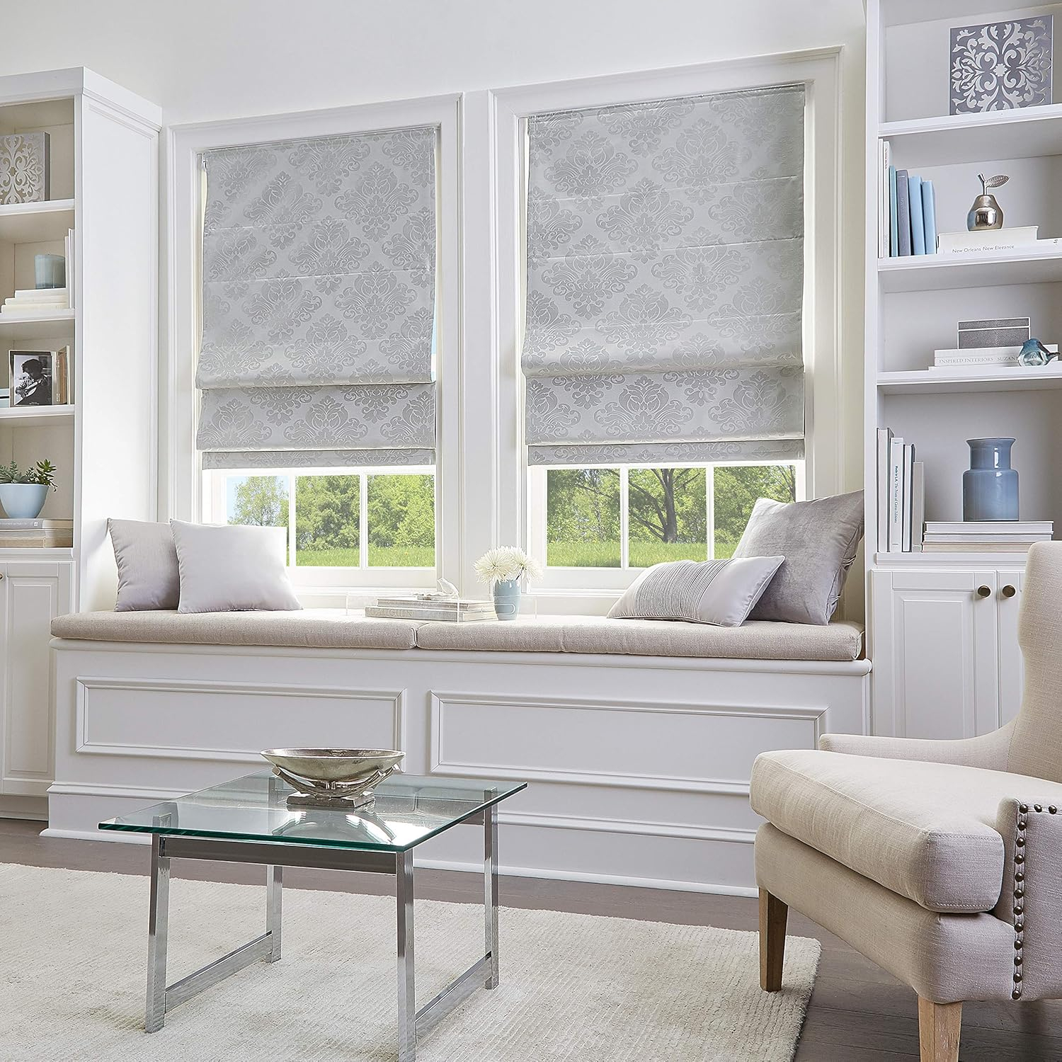 Curtainworks Damask Window Shade, 48" W x 64" L, Silver