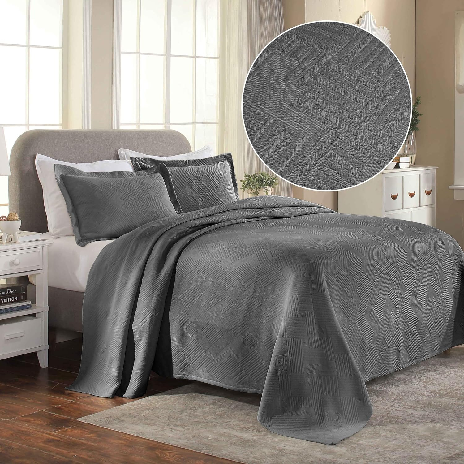 Superior Geometric Fret Cotton Decorative Bedspread and Sham Set, King, Charcoal