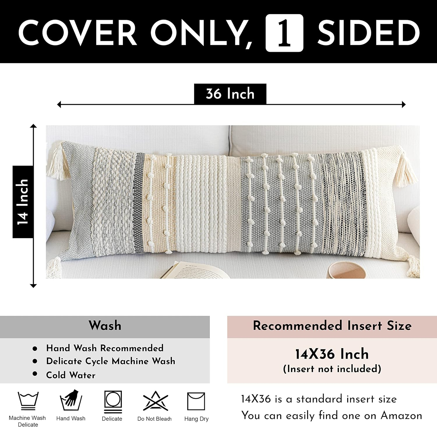 Gray Boho Lumbar Throw Pillow Cover 14x36 Grey Accent Long Body Lumbar Pillow for Bed Decorative Modern Bohemian Woven Textured Lumbar Pillow for Bed Cover ONLY