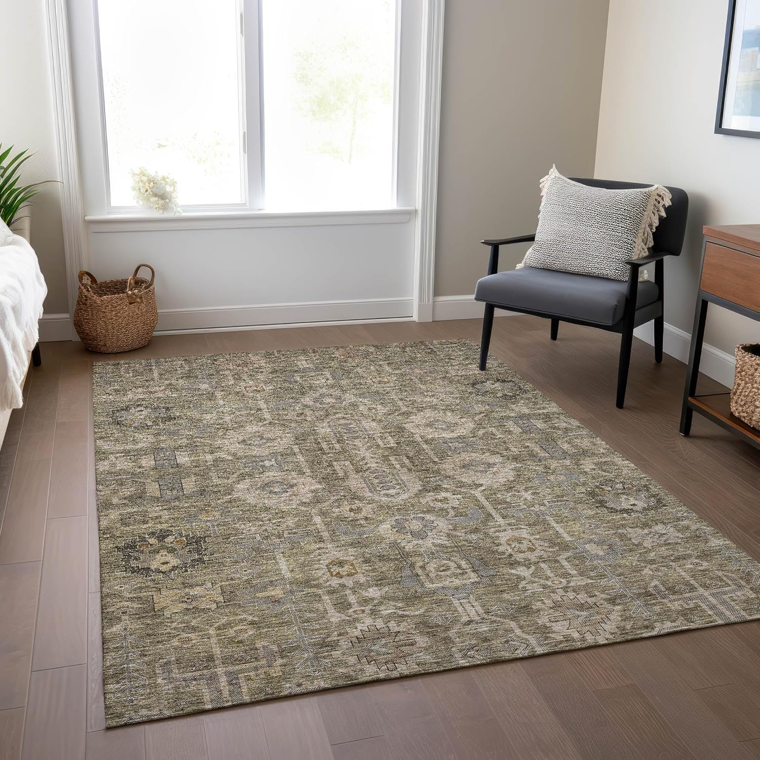 Brown Rectangular Synthetic Flat Woven Washable Area Rug