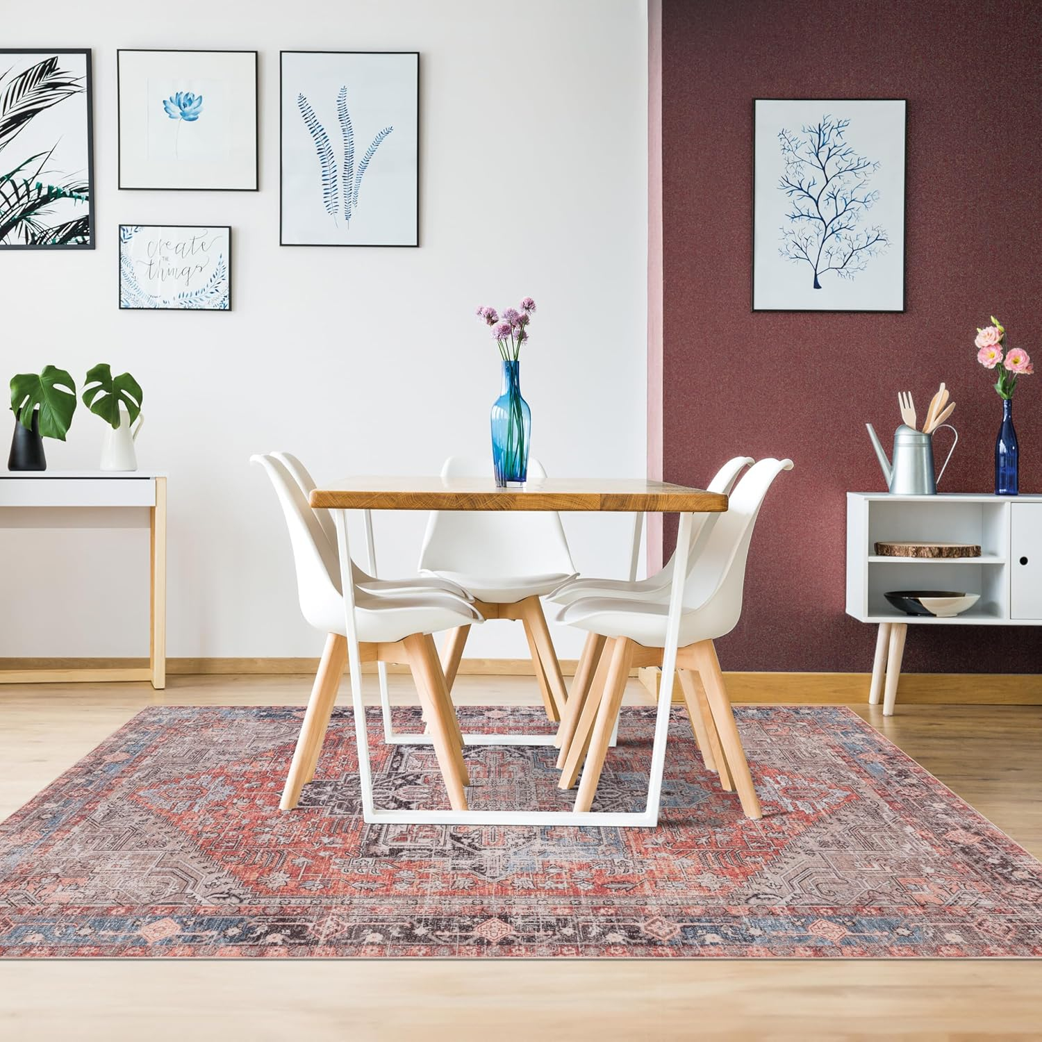 Machine Washable Thin Area Rug - Oriental Vintage Rust Red Kitchen, Bedroom, Hallway, Bathroom, and Entryway 3x5 Rugs - Stain and Water-Resistant - Non-Slip - Pet and Kid Friendly