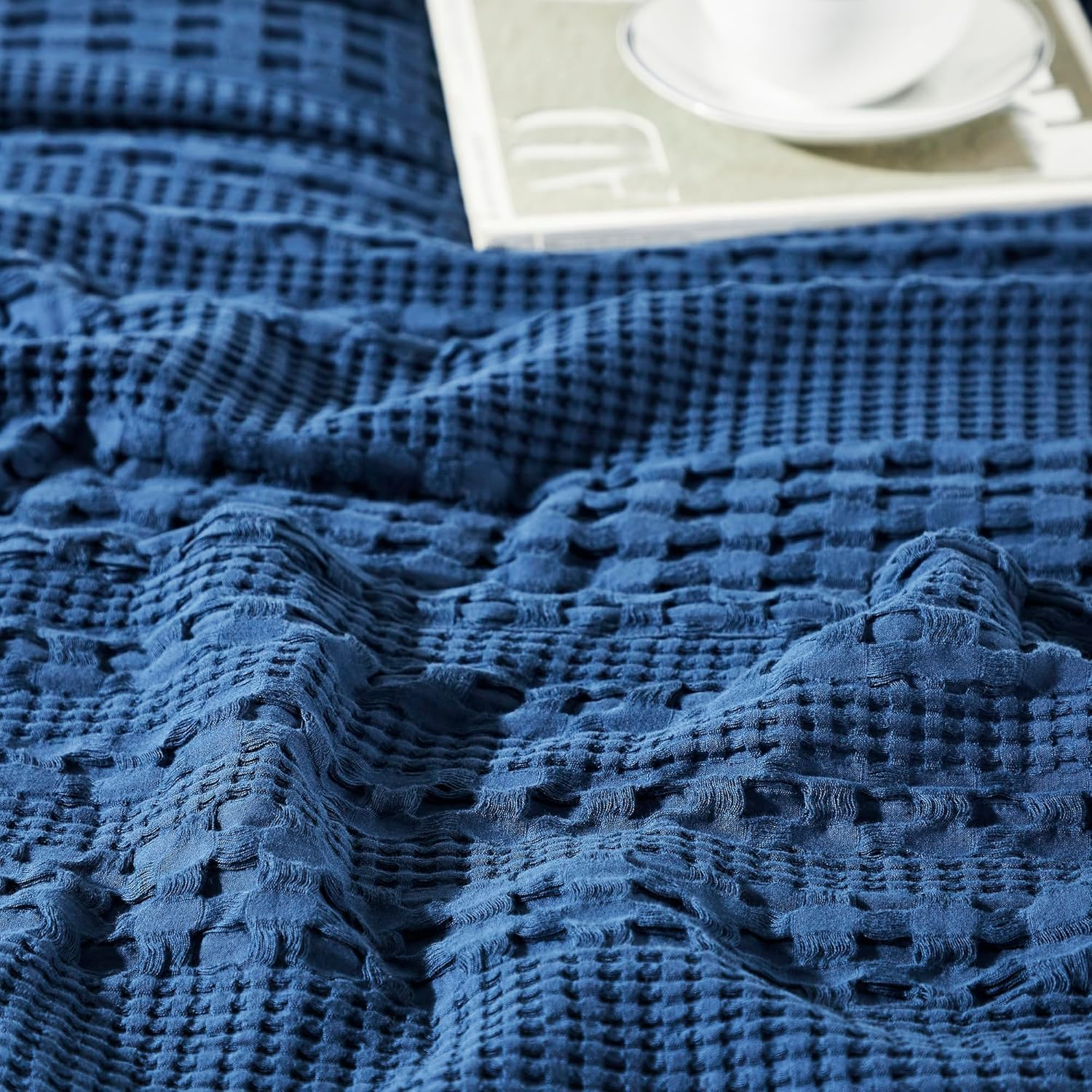 VHC Brands Waffle Weave Navy Blue Pillow Cover Set of 2 24x24, Decorative Throw Pillow Covers/Shams, Boho Farmhouse Bedroom, Living Room Decor