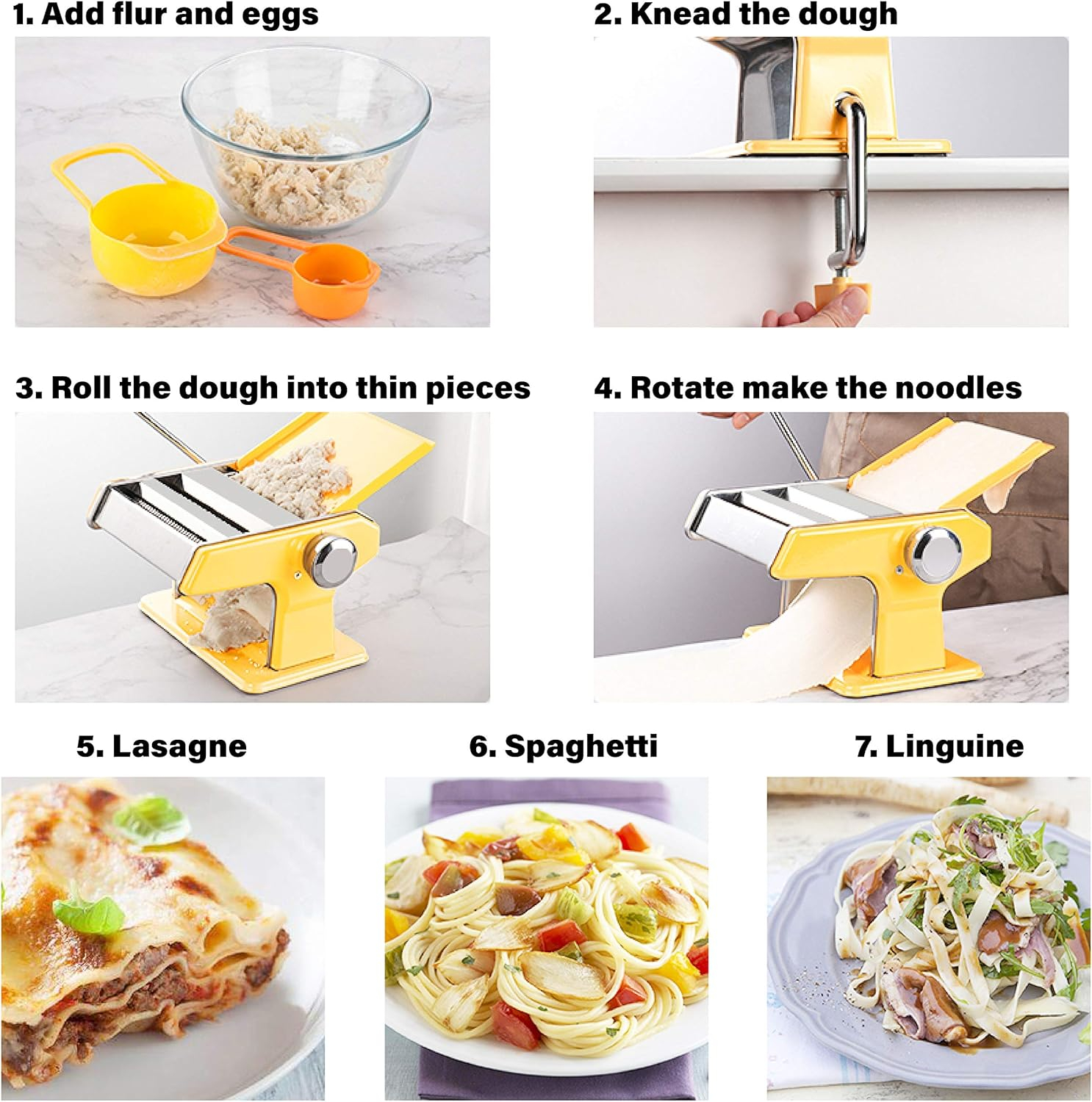 elabo Pasta Machine - Stainless Steel Roller Pasta Maker - 7 Adjustable Thickness Settings Noodles Maker with Hand Crank, Perfect for Spaghetti, Fettuccini, Lasagna or Dumpling Skins