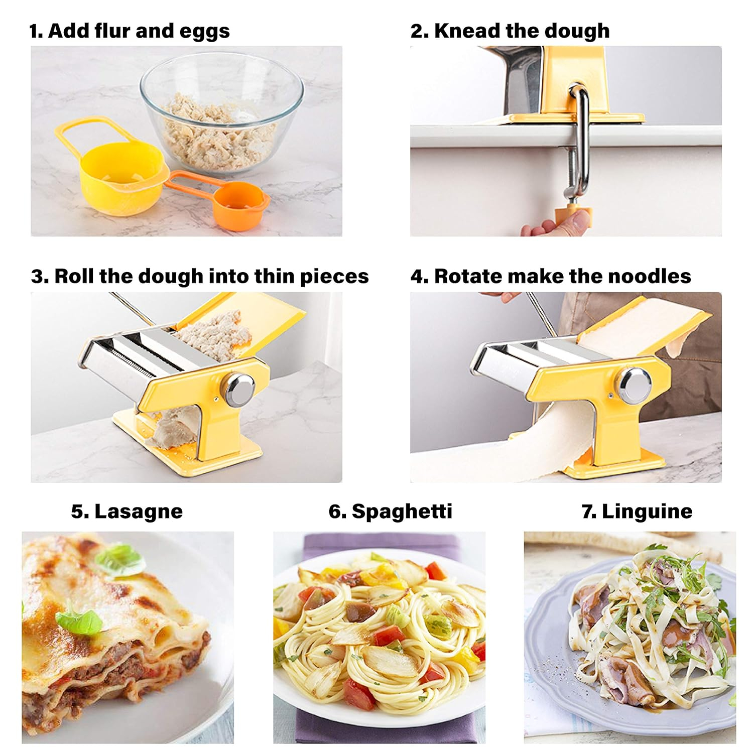 elabo Pasta Machine - Stainless Steel Roller Pasta Maker - 7 Adjustable Thickness Settings Noodles Maker with Hand Crank, Perfect for Spaghetti, Fettuccini, Lasagna or Dumpling Skins
