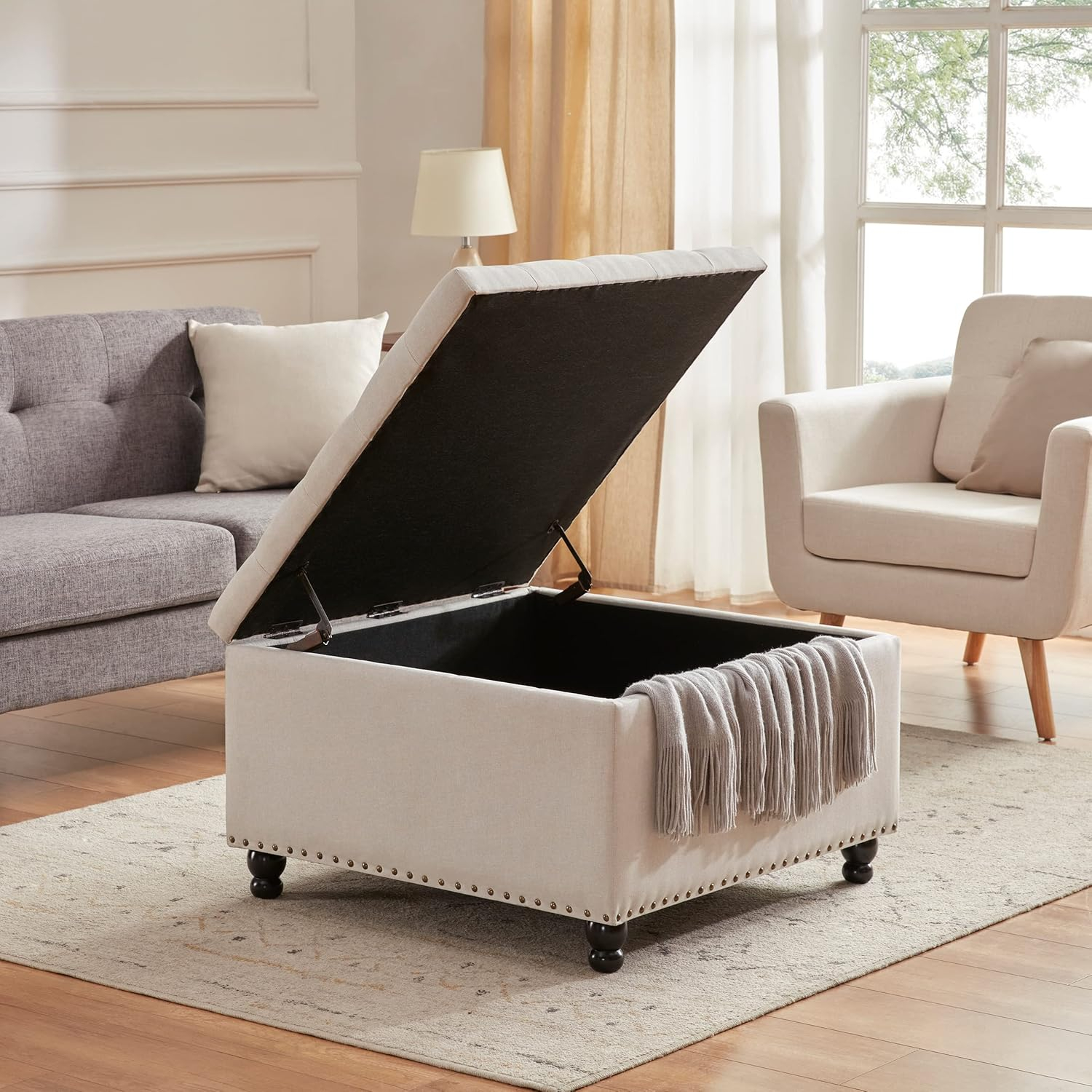 Beige Tufted Upholstered Square Ottoman with Storage