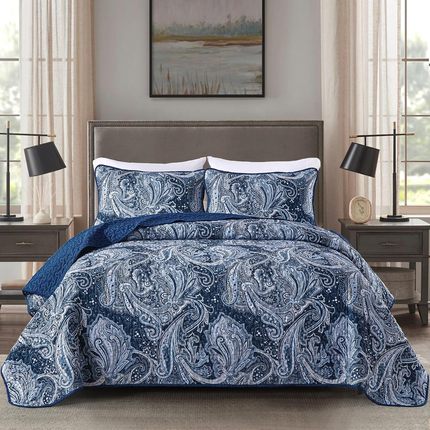 DJY Navy Paisley Quilt Set Queen Boho Bedspread Coverlet Set 3 Pieces, Soft Lightweight Microfiber Navy Blue Paisley Floral Pattern Bedding for All Season, 96"x90"