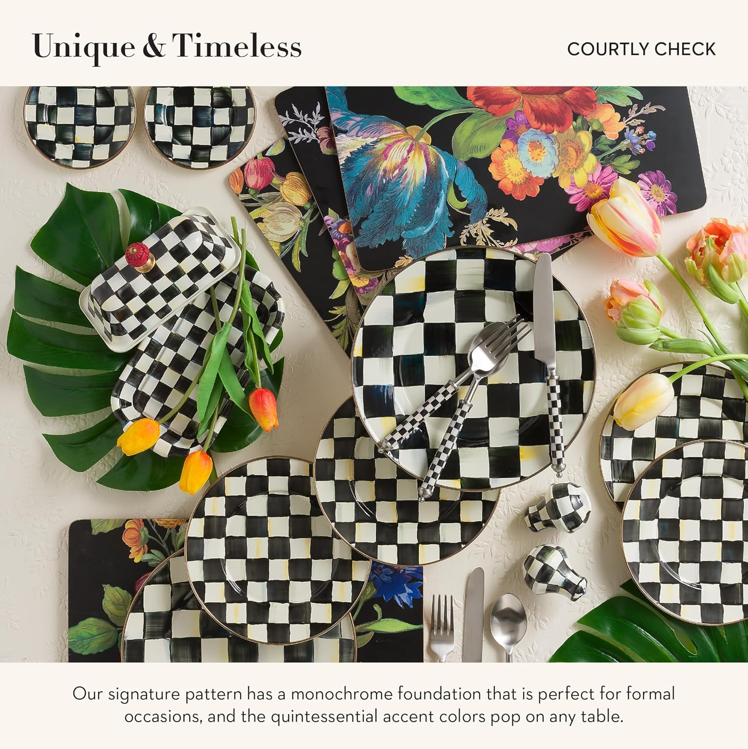 Black and White Checkered Stainless Steel Salad Serving Set