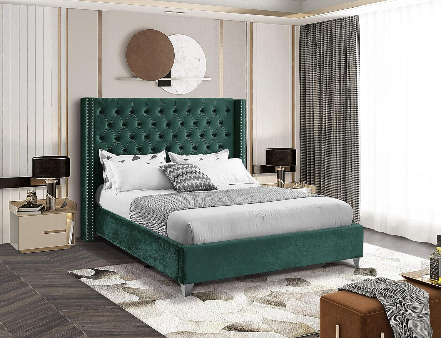 Homestock Asian Allure Green Velvet King Bed