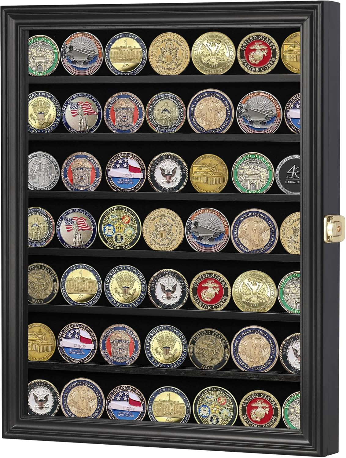 Challenge Coin / Casino Chip Display Case Cabinet Holder Shadow Box, Glass Door, Black (COIN56-BL)