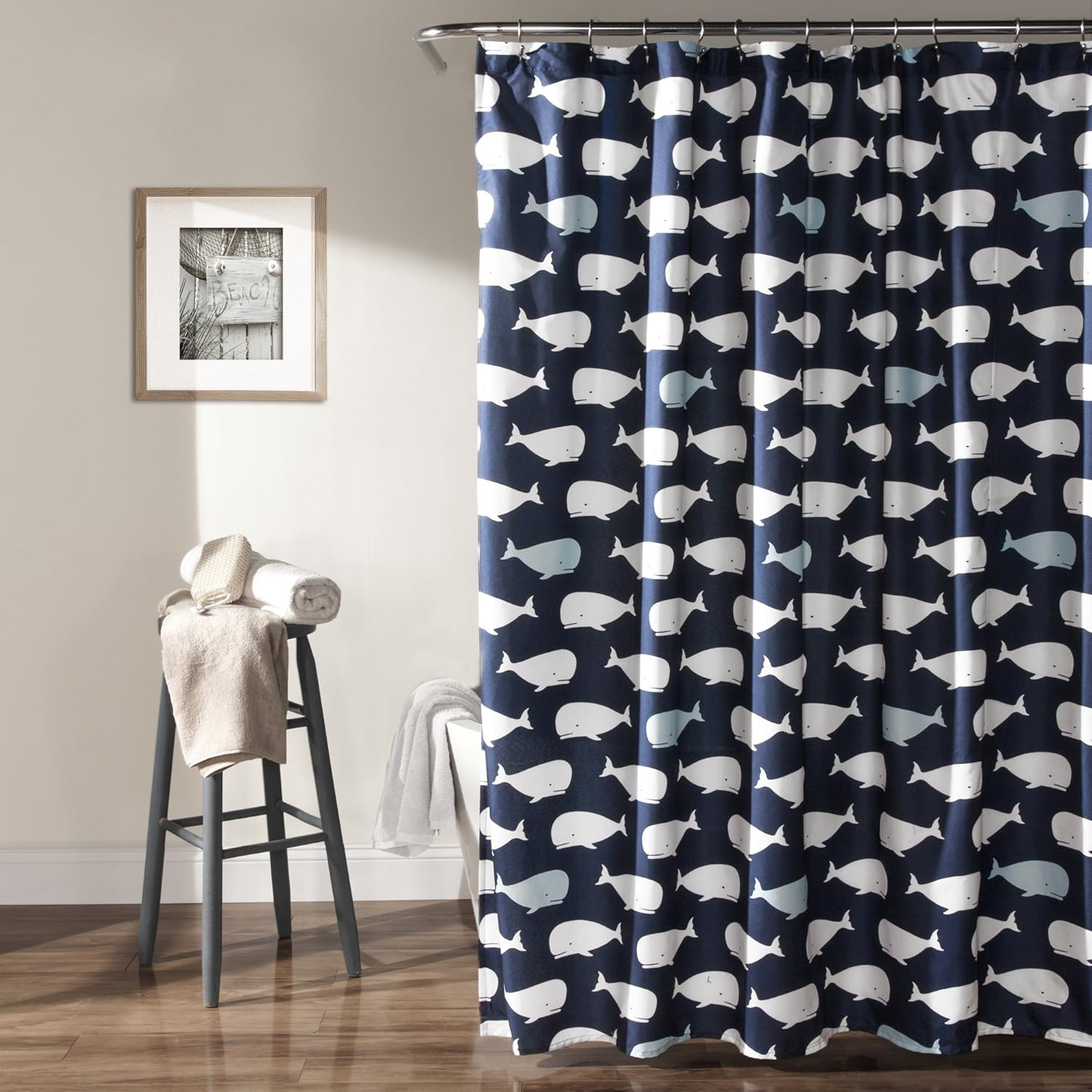Navy and White Polyester Whale Print Shower Curtain