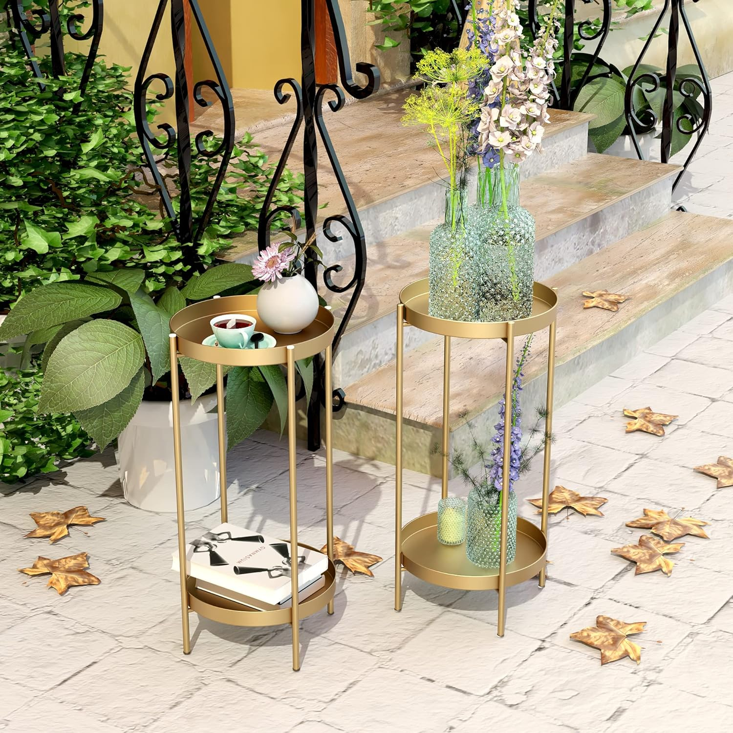 Gold 2-Tier Metal Plant Stand with Round Trays