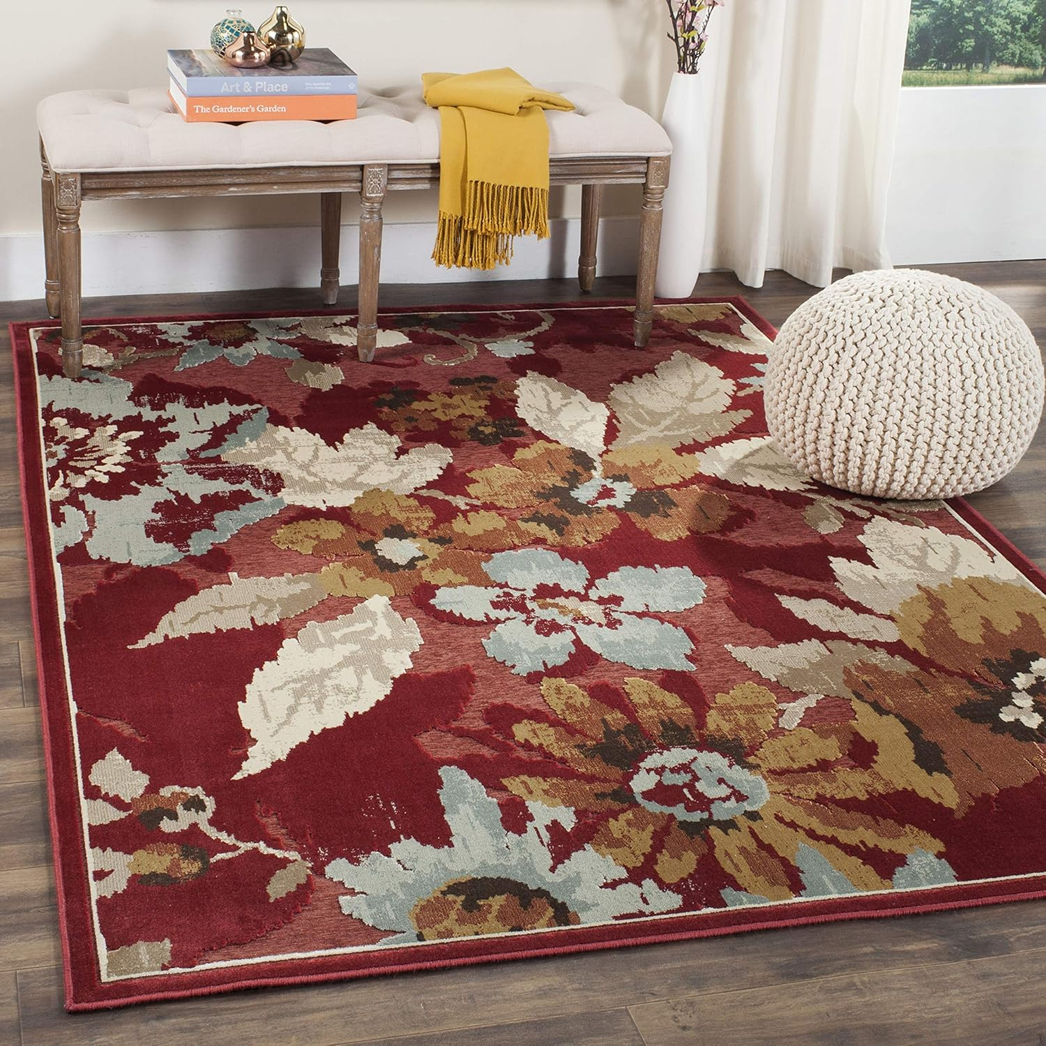 SAFAVIEH Paradise Collection Area Rug - 8' x 11'2", Red & Multi, Floral Viscose Design, Ideal for High Traffic Areas in Living Room, Bedroom (PAR148-220)