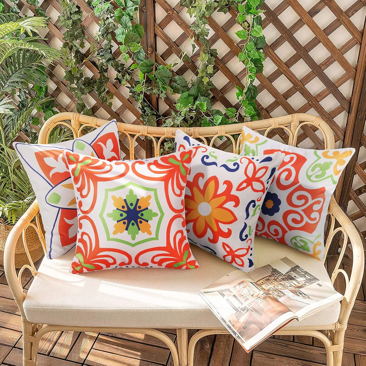 Pyonic Outdoor Waterproof Throw Pillow Covers for Patio Furniture Decorative Boho Pillow Covers 18x18 Floral Printed for Patio Tent Couch Garden Set of 4,Orange