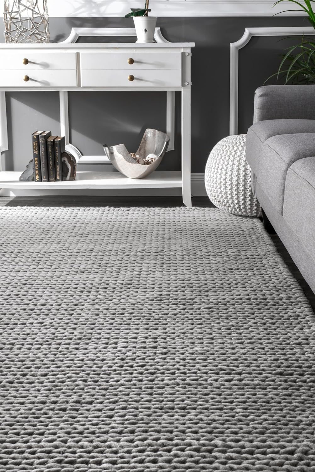 nuLOOM 3x5 Penelope Wool Braided Handmade Area Rug, Light Grey, Solid Rustic Farmhouse Style, For Bedroom, Living Room, Hallway, Entryway