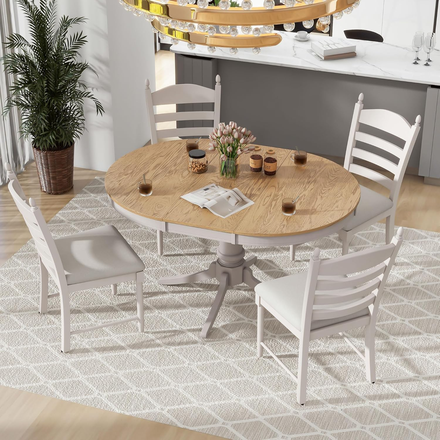 MERITLINE Dining Table Set, 5-Piece Retro Functional Dining Table Set, Wood Round Extendable Dining Table and 4 Upholstered Dining Chairs（Off White）