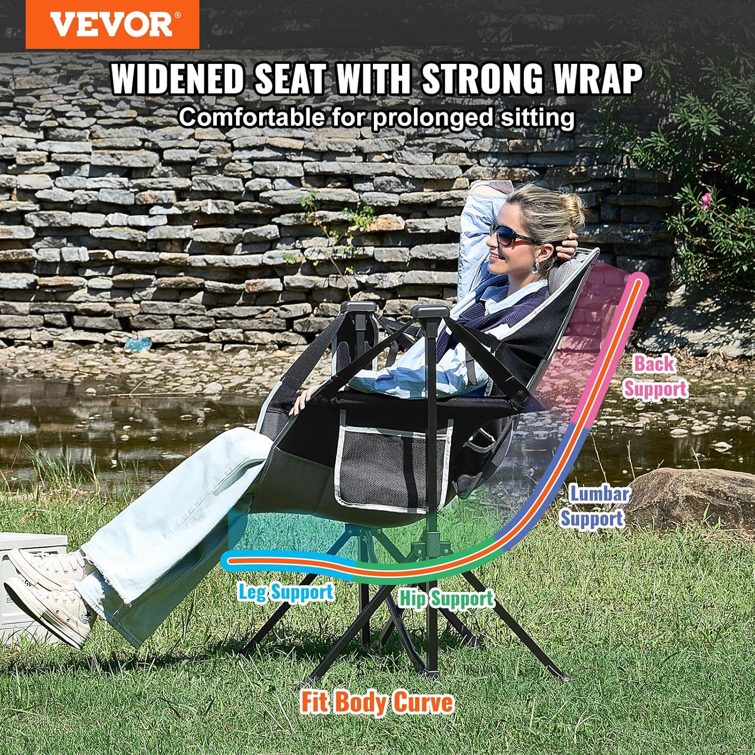 VEVOR Reclining Camping Chair, 300 lbs Load Camping Hammock Chair, Rocking Lounge Folding Chair with Cup Holder Storage Bag Headrest & Adjustable Backrest, for Camping and Other Outdoor Activities